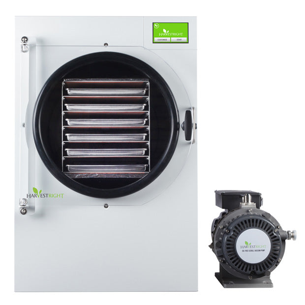 White freeze dryer front with circular chamber and attached oil-free vacuum pump