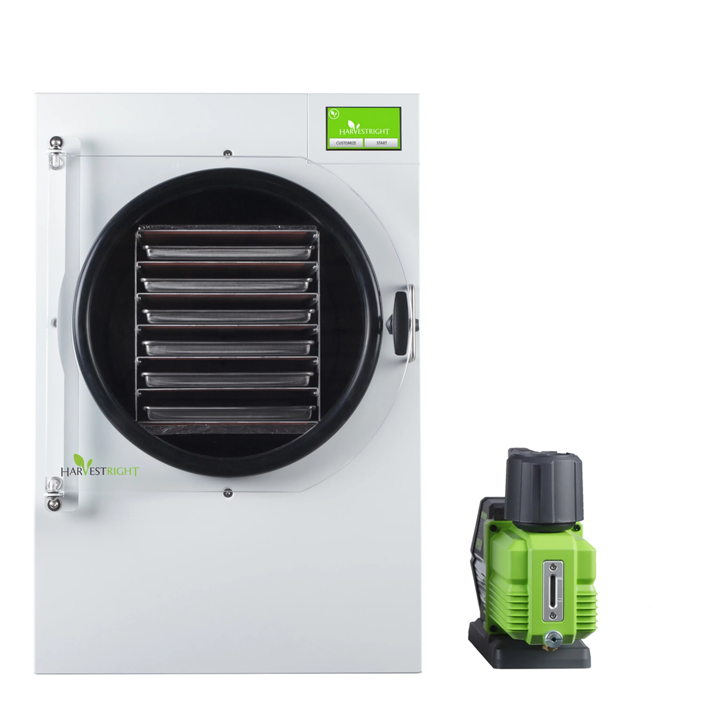 White freeze dryer with front chamber and included green vacuum pump unit
