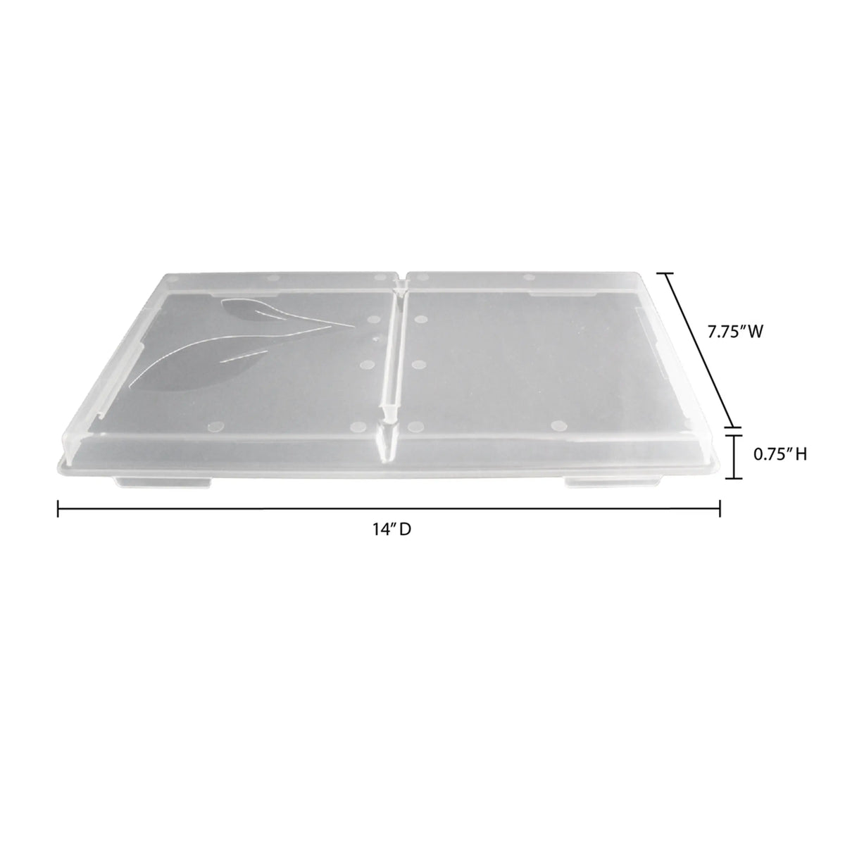 Clear vacuum tray lid with center hinge and mounting tabs, 14 in x 7.75 in shown