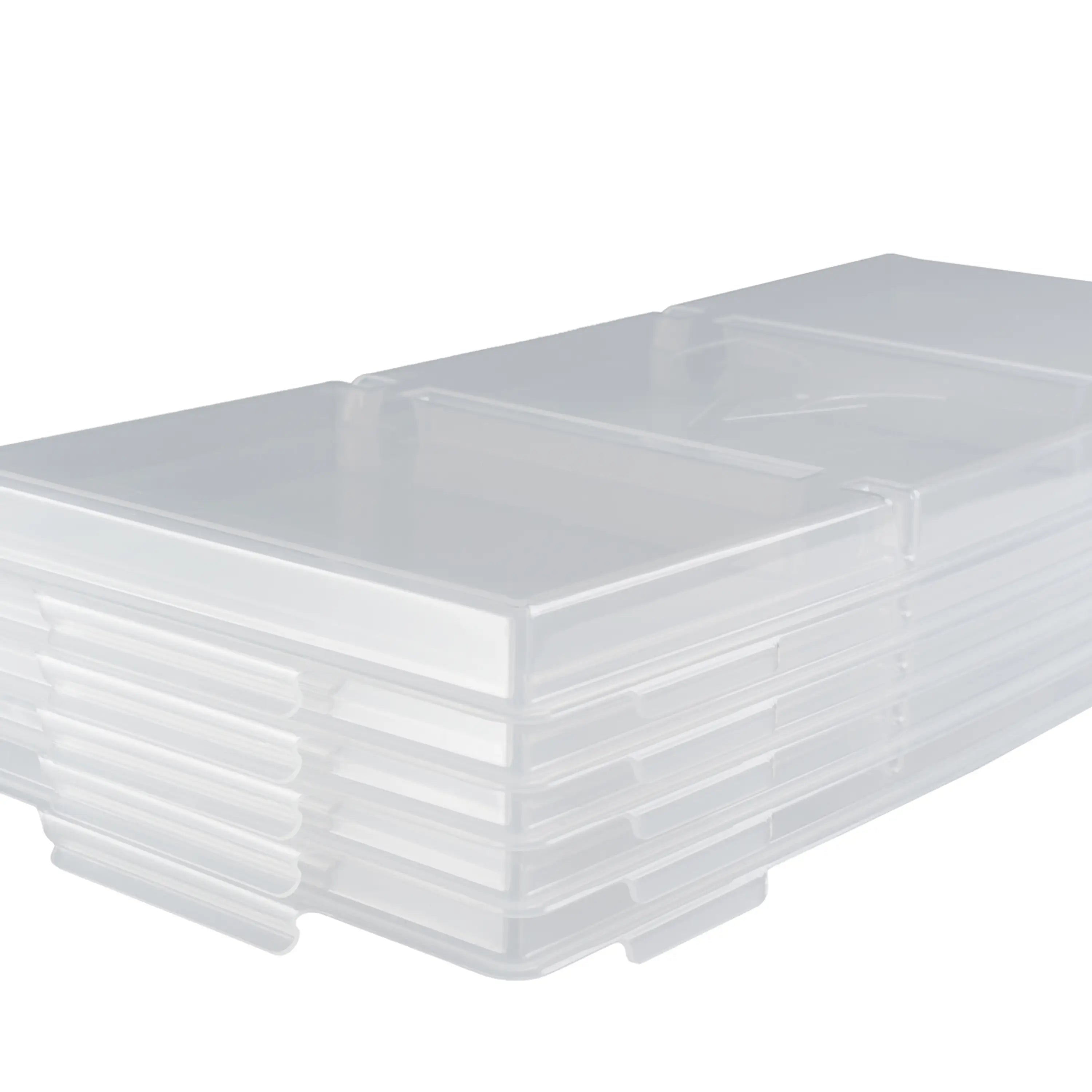 Stacked medium tray lids set of 5, translucent clear plastic with gray side tabs