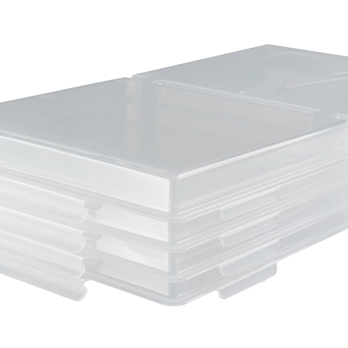 Clear plastic vacuum tray lid with stacked corner latch and side ridges