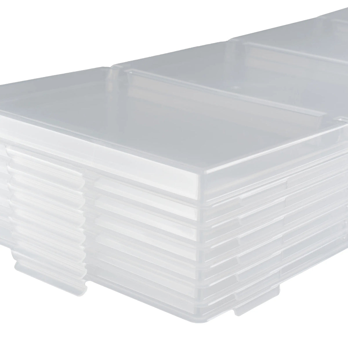 Clear plastic tray lid with ribbed side walls for stacking and fit