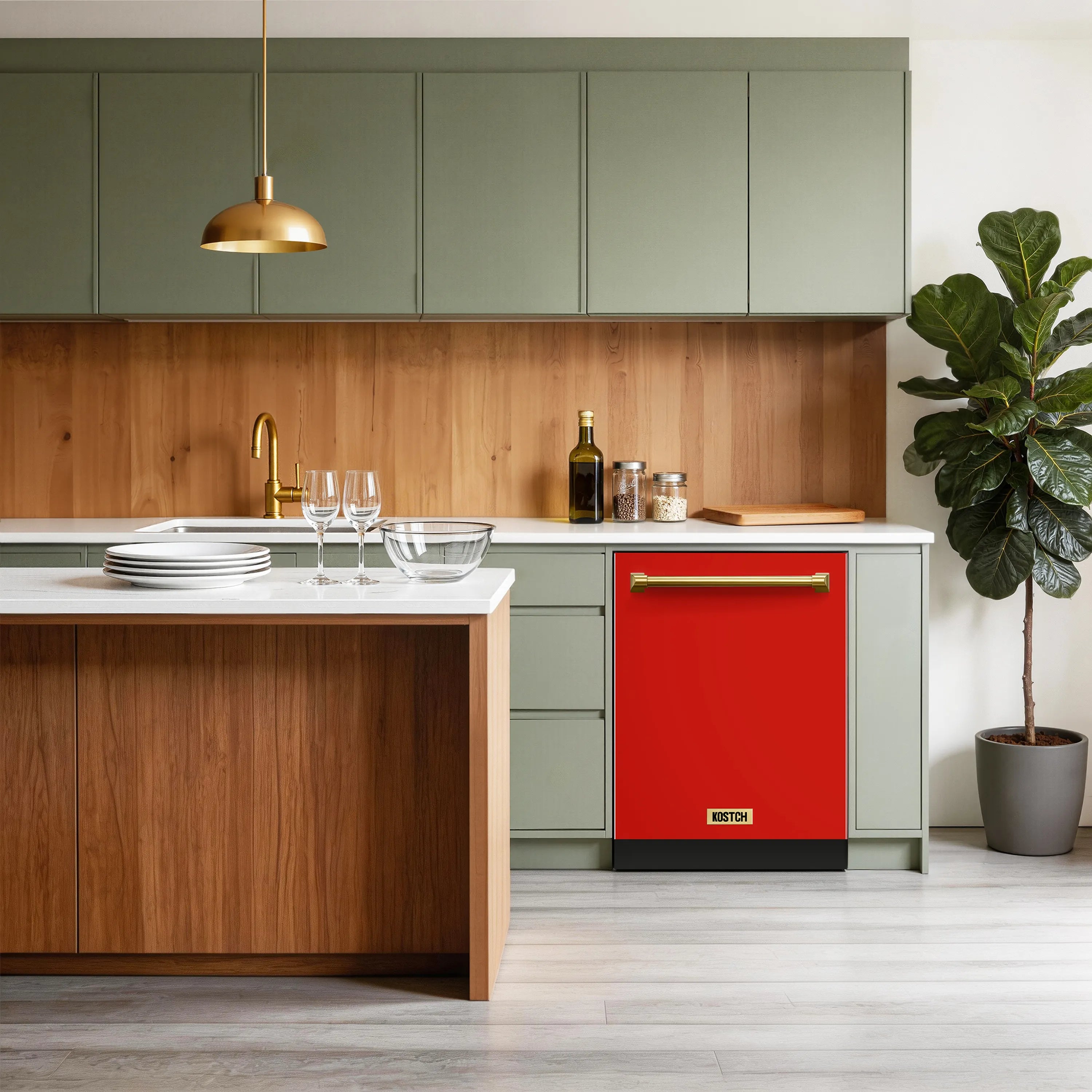 Red dishwasher in a kitchen, showing lower front panel and bronze handle