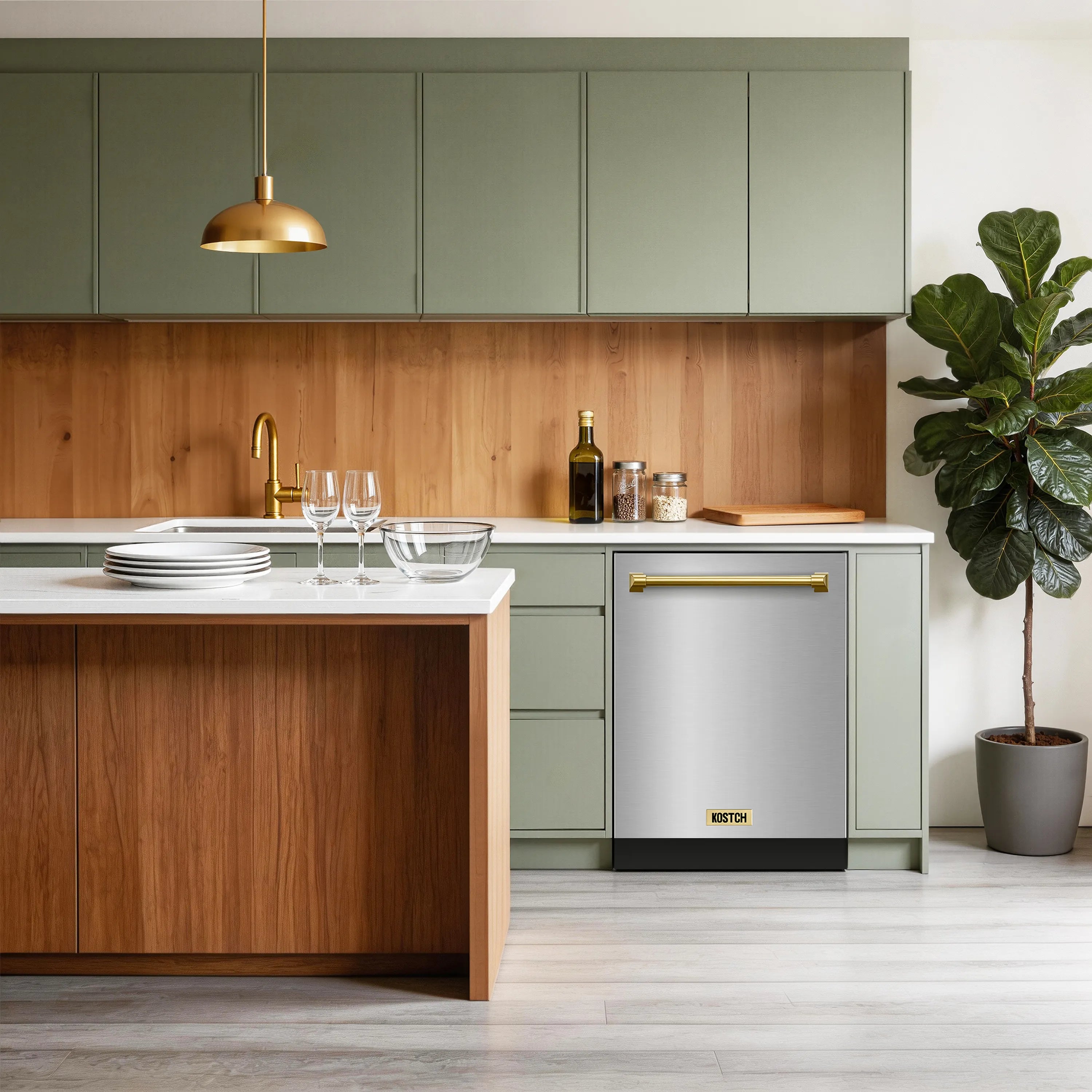 Built-in stainless steel dishwasher with bronze handle and KOSTCH logo