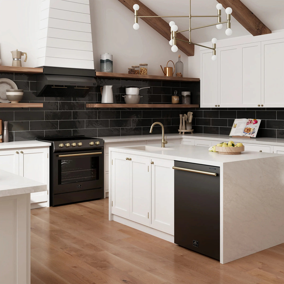 Black electric range under-cabinet hood with brass accents and nearby dishwasher
