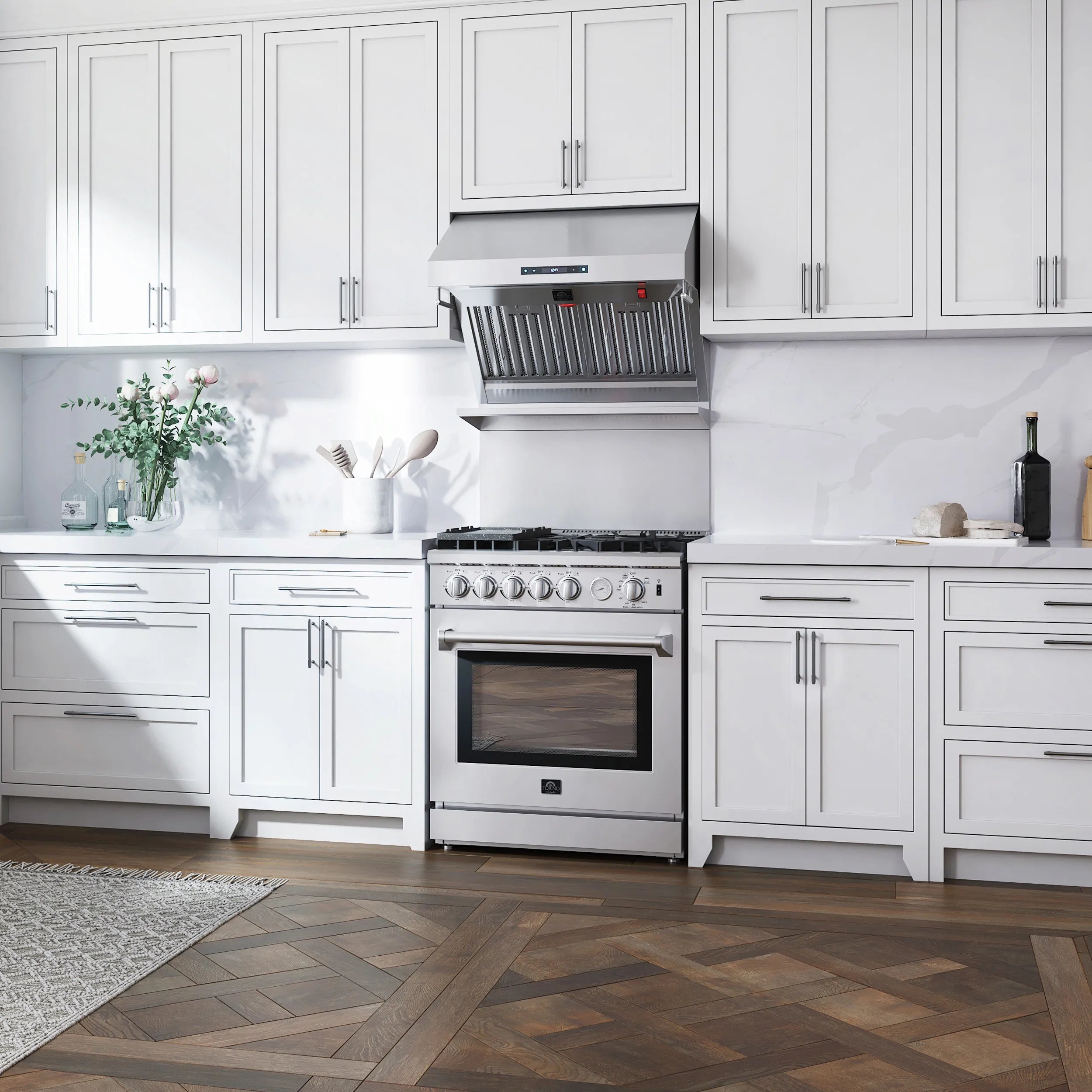 Stainless steel wall mount range hood with baffle filter grille