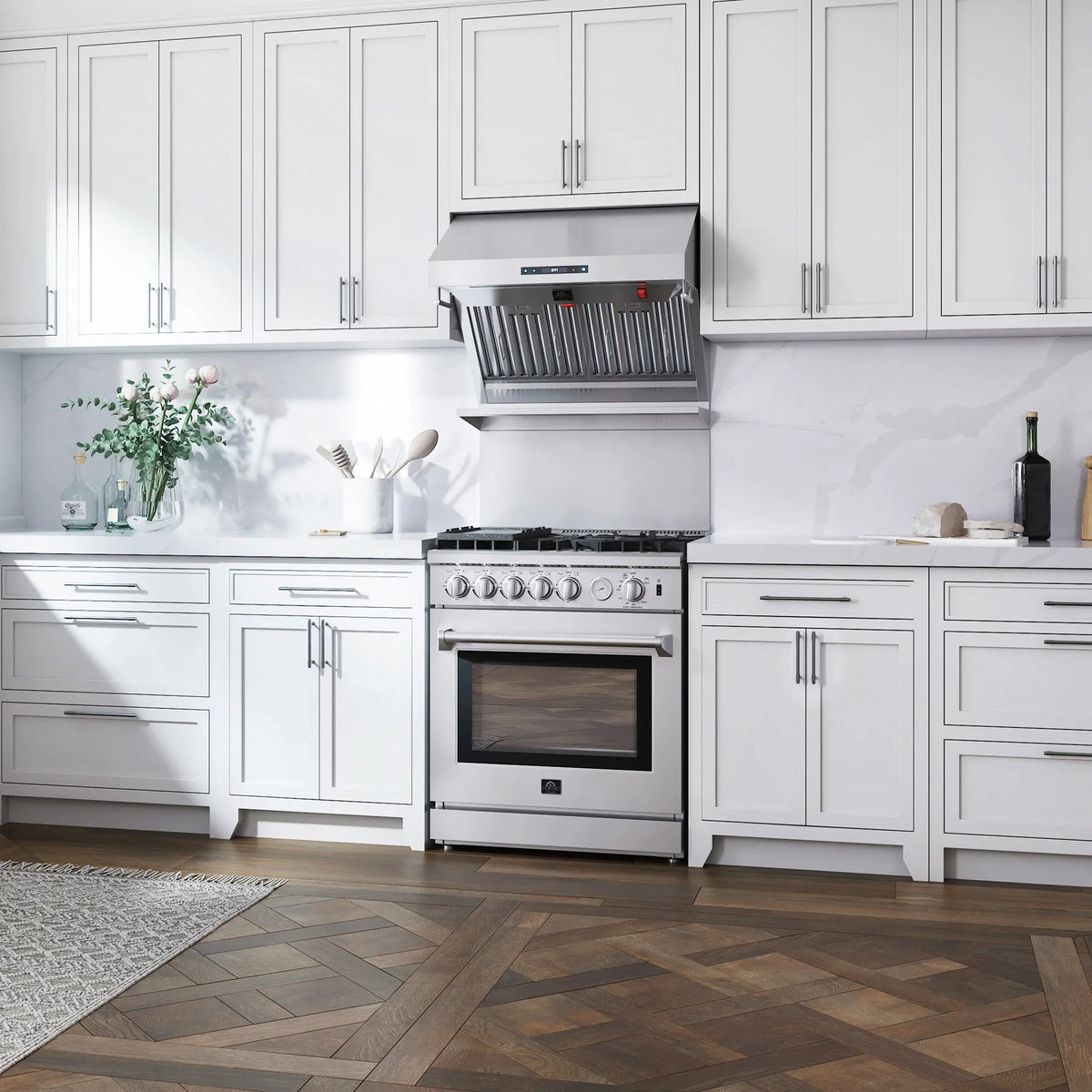 Stainless steel wall mount range hood with baffle filter grille