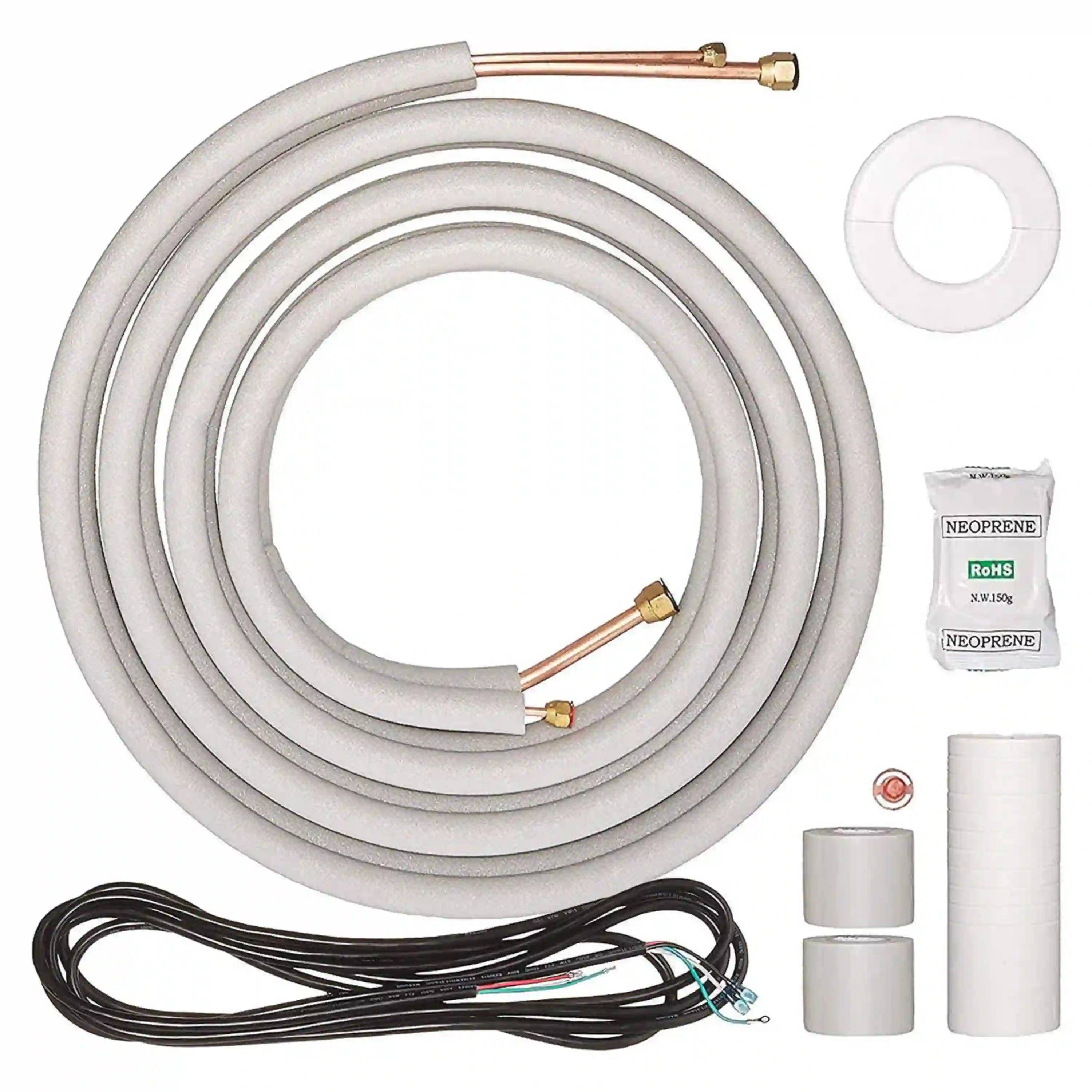 Ductless mini-split line set with insulated copper tubing, fittings, and coils
