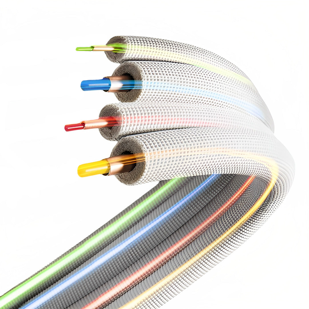 Flexible bender kit with coiled copper lines in green, blue, red, yellow and gray sleeve