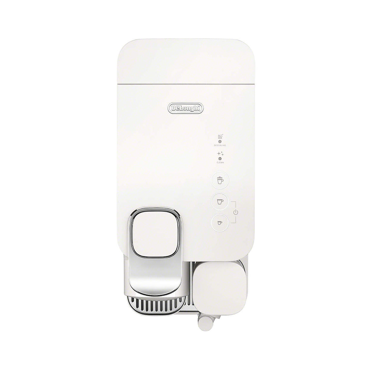 White front view of De'Longhi Nespresso single-serve coffee machine with display controls