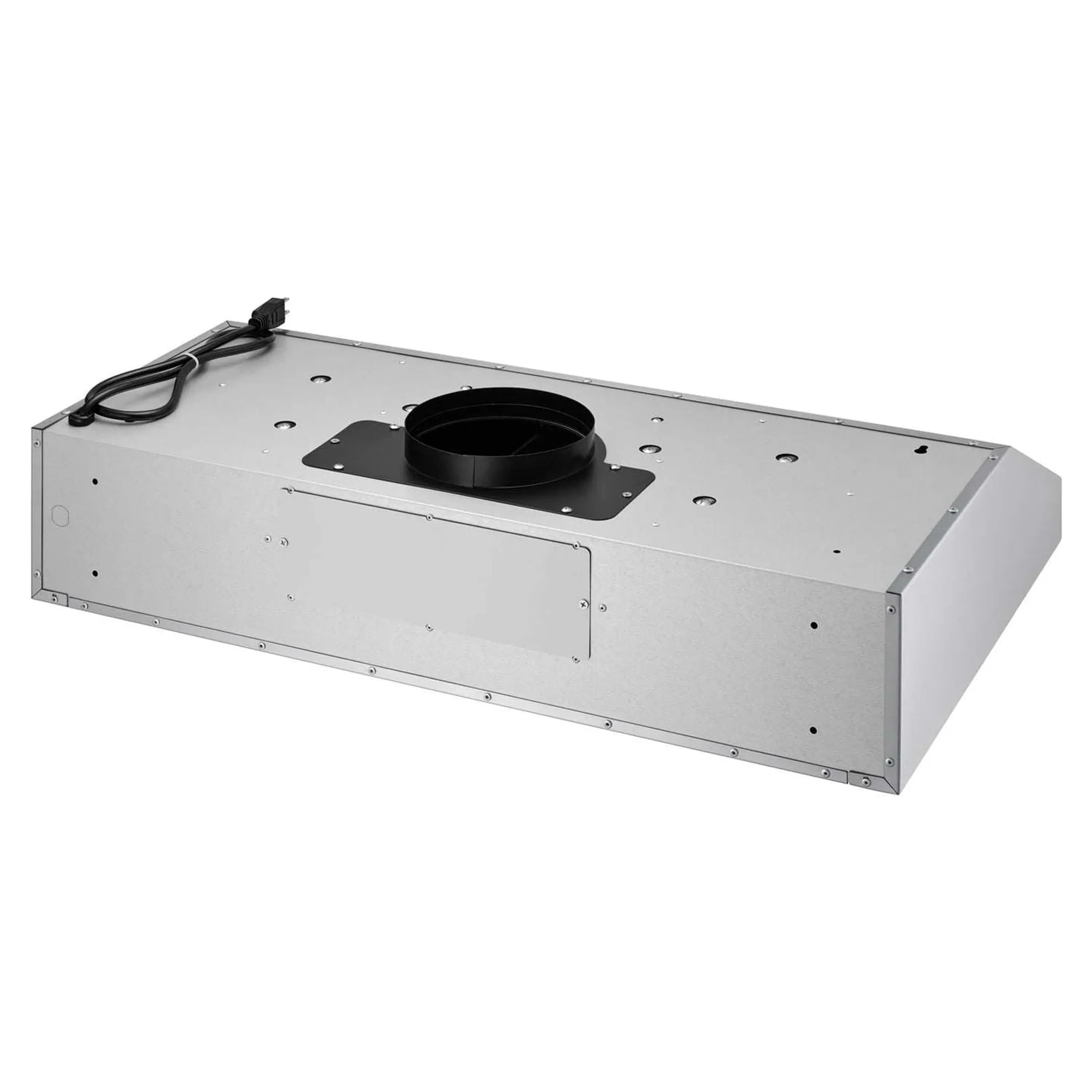 Under-cabinet range hood housing with round duct opening and mounting screw holes underside view