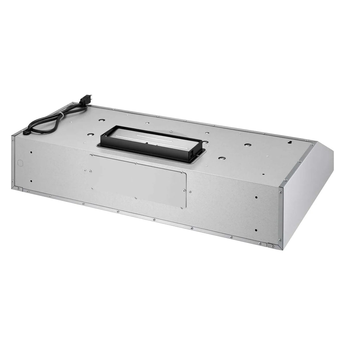 Stainless steel range hood underside with rectangular control panel and duct opening