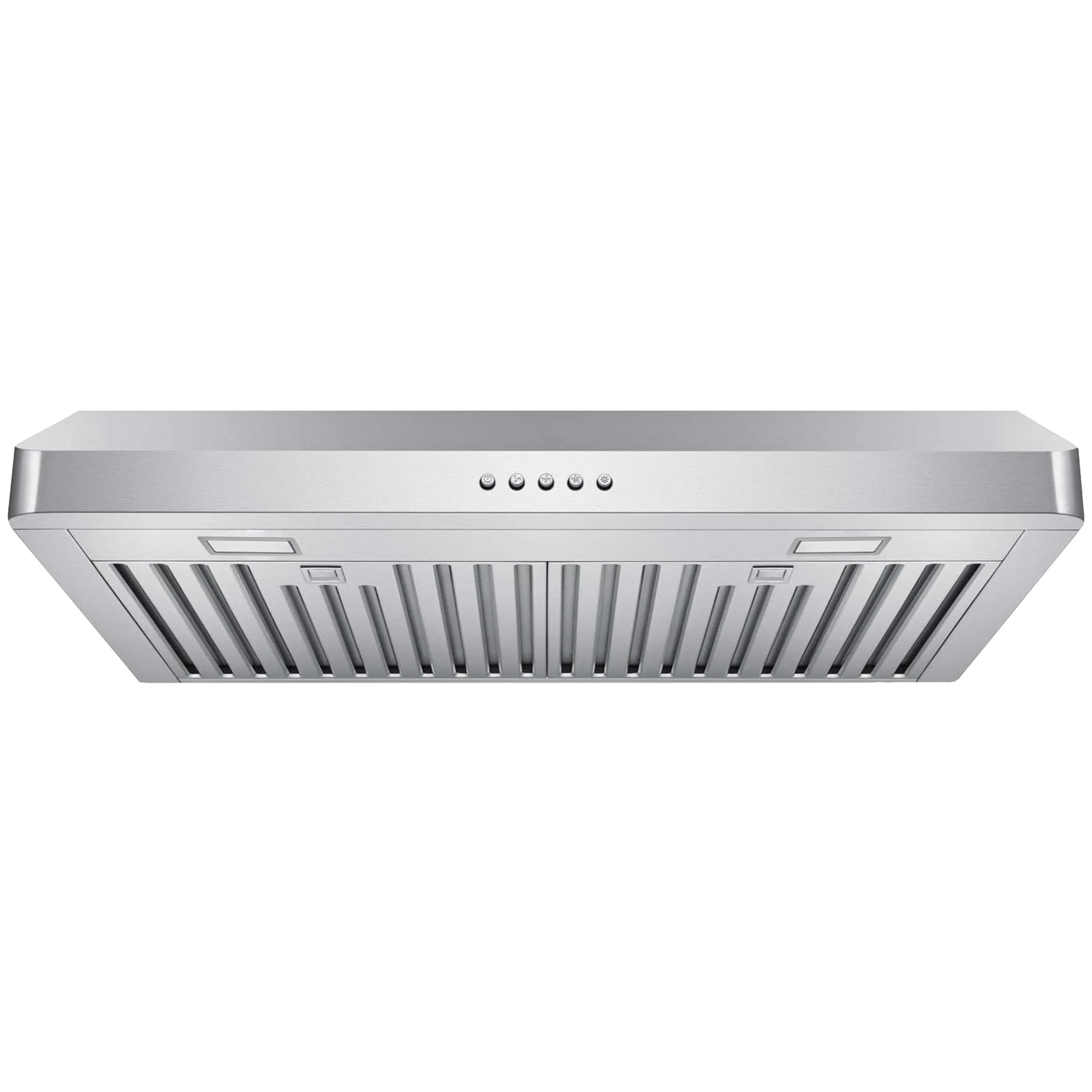 Stainless under-cabinet range hood with front vent grille and row of control buttons