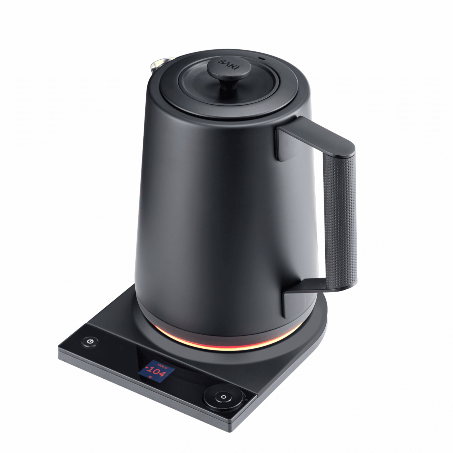 Matte black electric kettle on stand with red ring and lit temperature display
