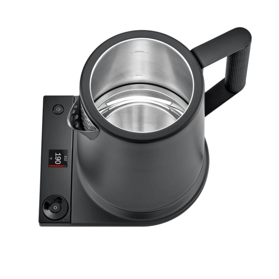 Matte black electric kettle with open lid showing stainless-steel interior