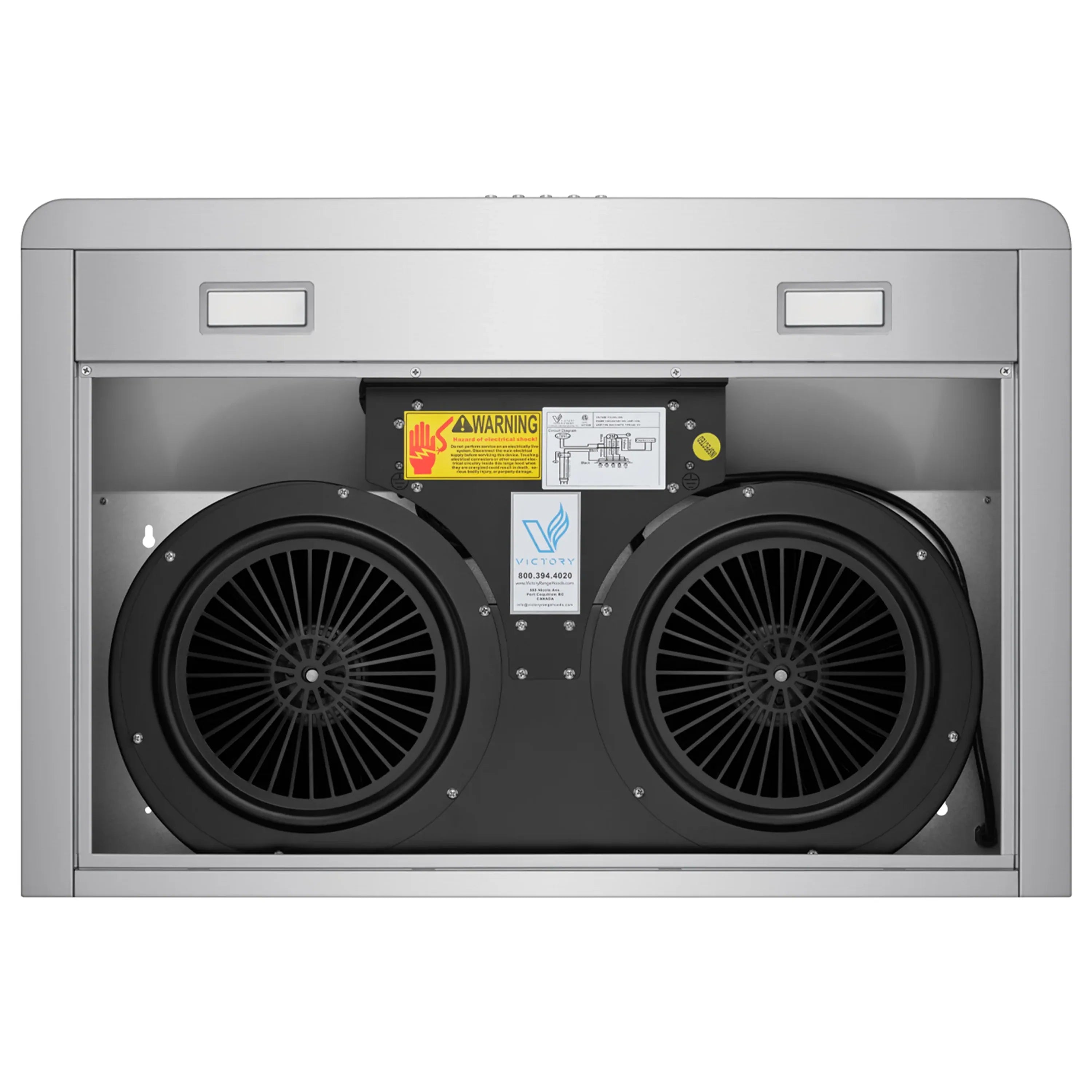 Under-cabinet range hood interior with two large fans and central control panel area