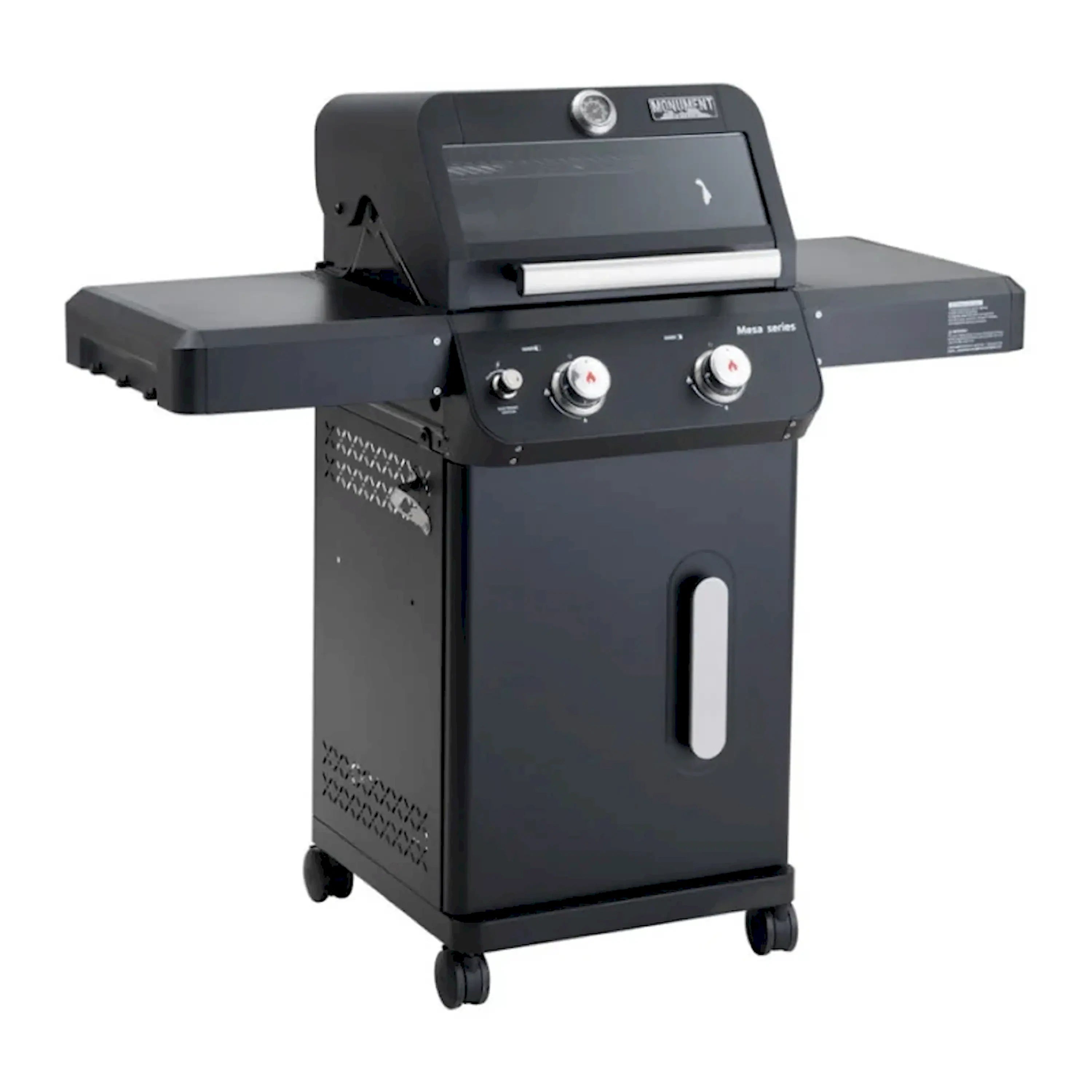 Black propane grill in closed position with two burner knobs on the front