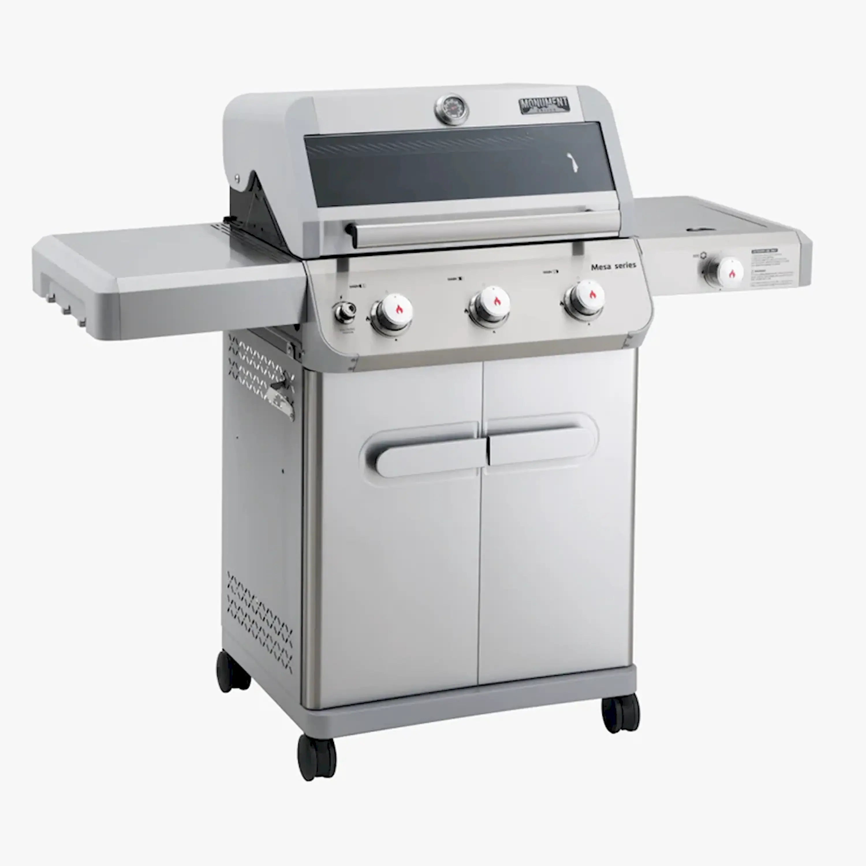 Stainless steel propane gas grill front view with control panel and wheels