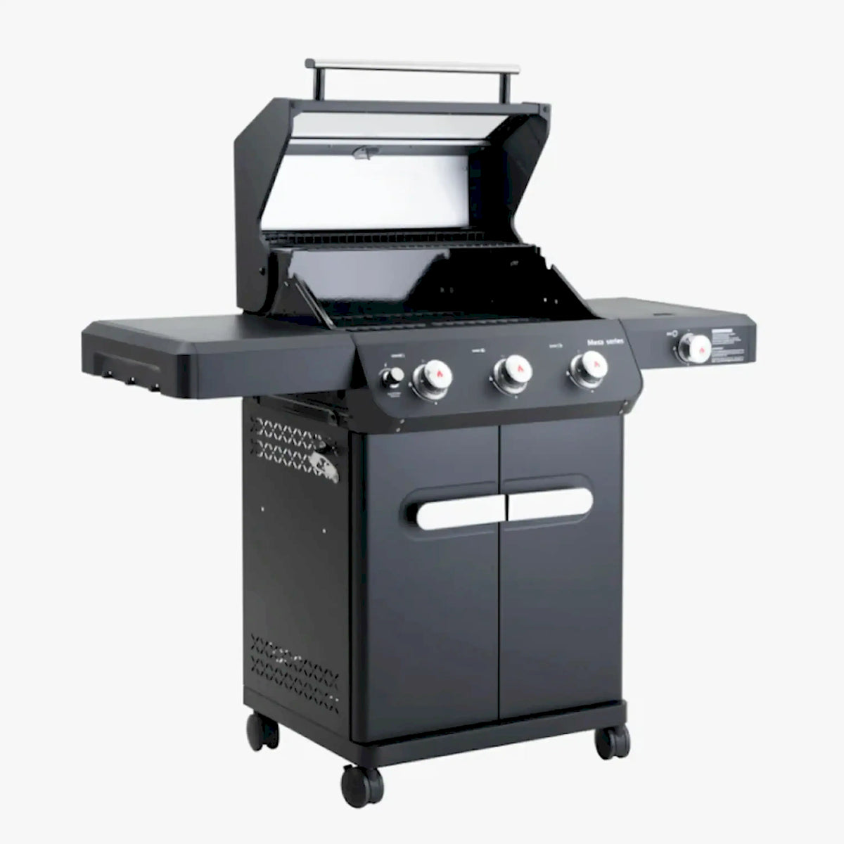 Black 3-burner propane gas grill with open hood and side shelf
