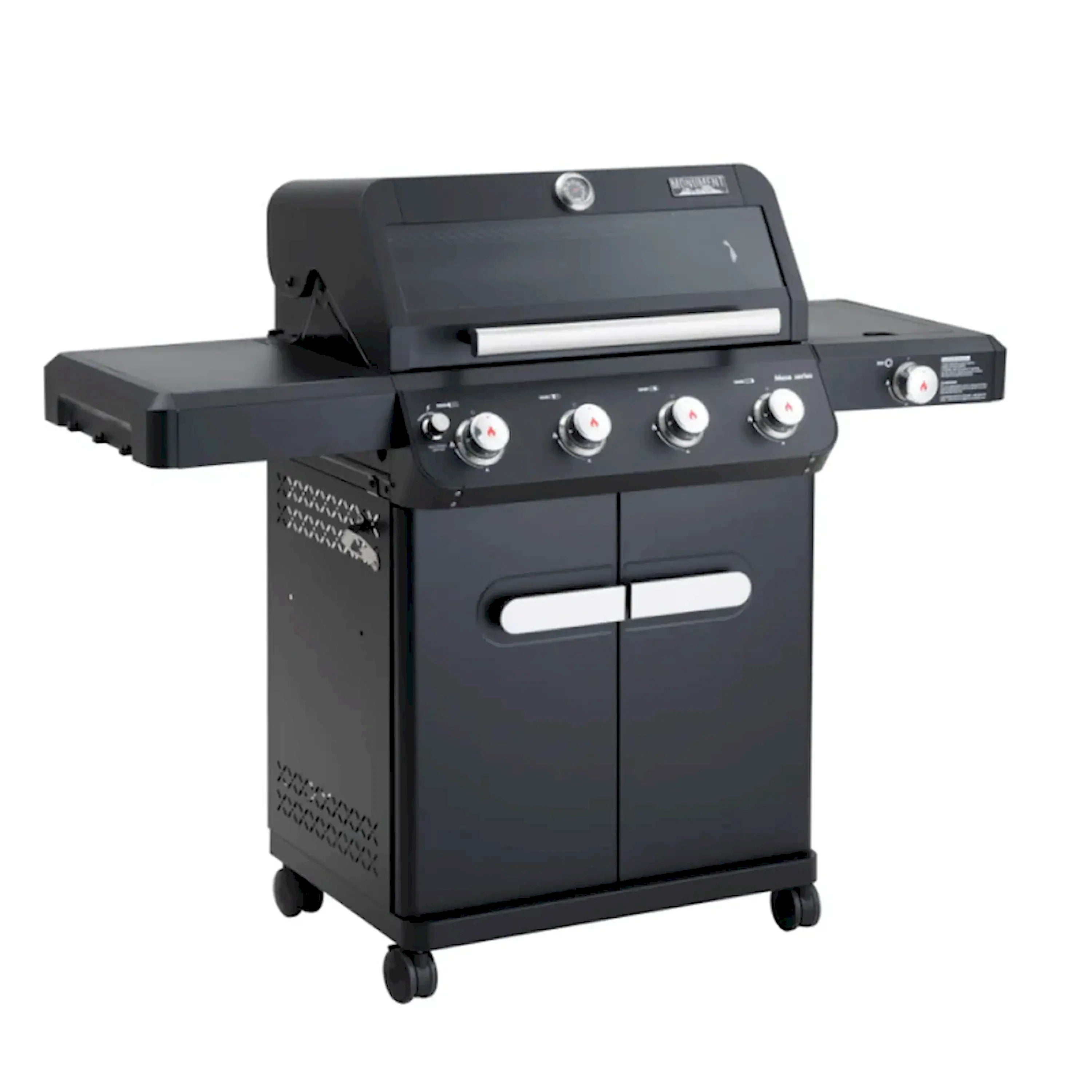 Black 4-burner propane gas grill with side shelves and two-door cabinet stand on wheels