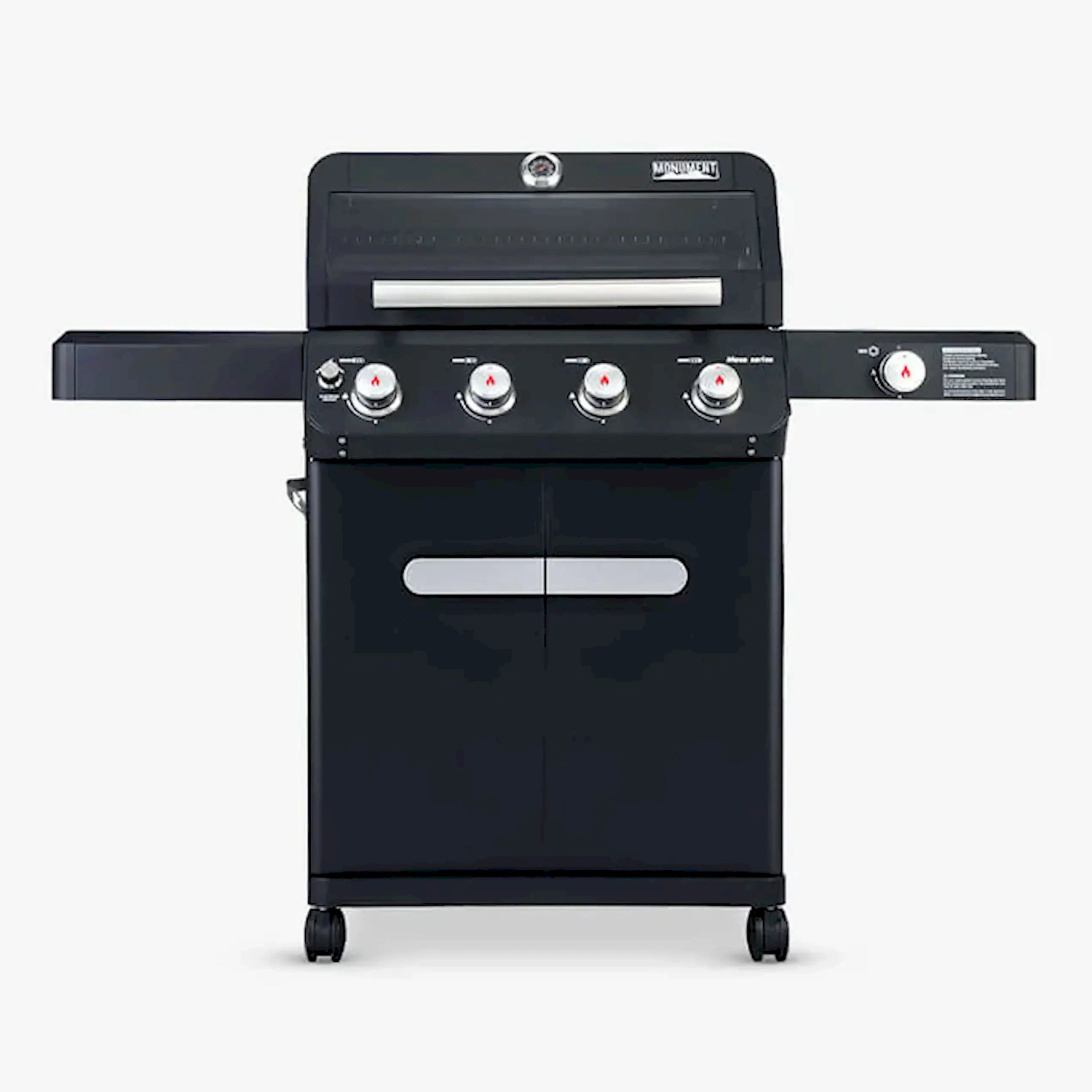 Black 4-burner propane gas grill with control knobs and cart wheels