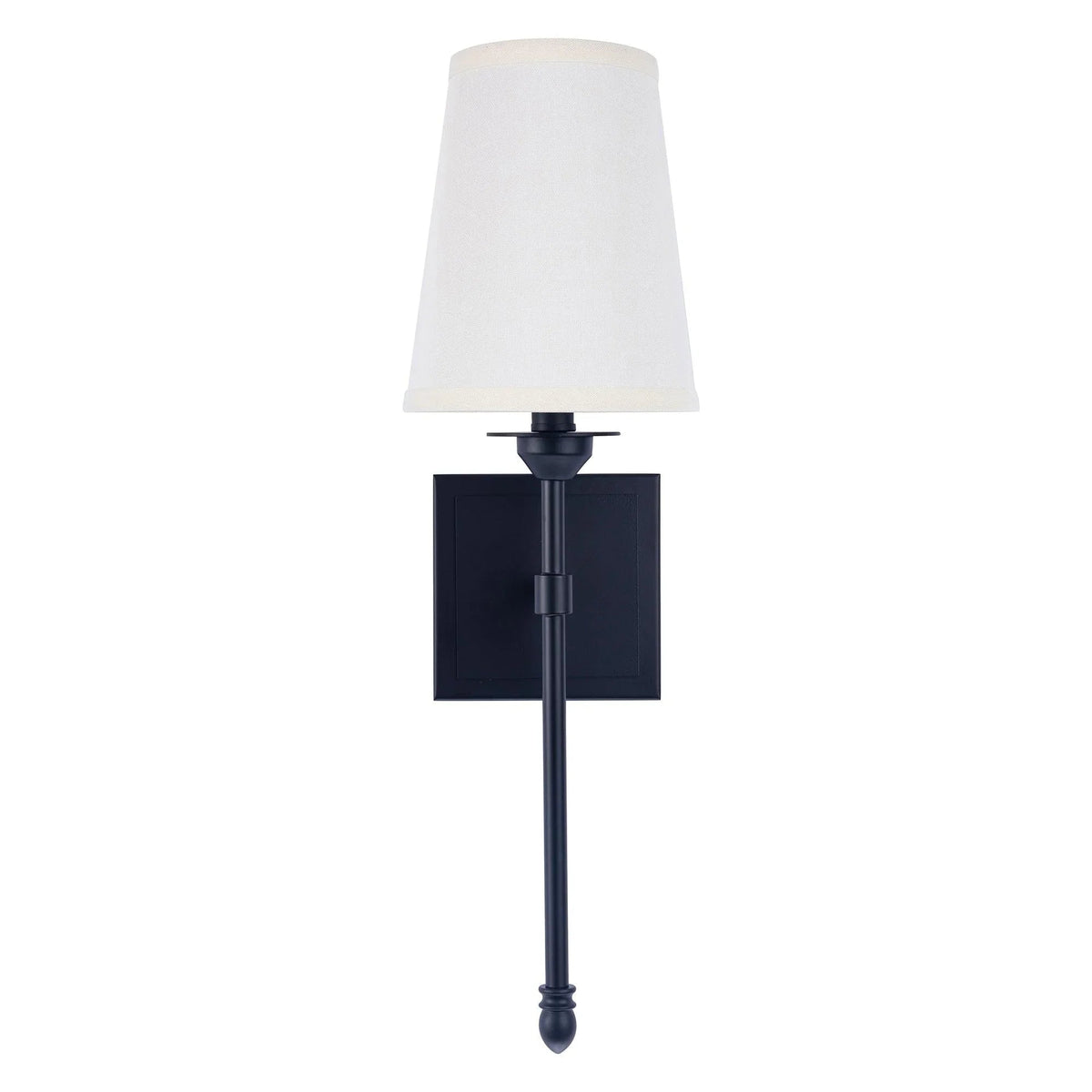 Black 1-light wall sconce with white fabric drum shade and vertical metal post