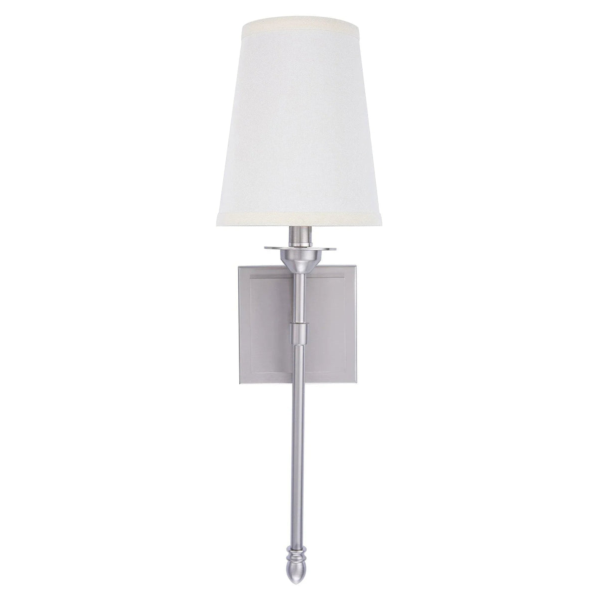Nickel wall sconce light with white fabric shade and rectangular wall backplate