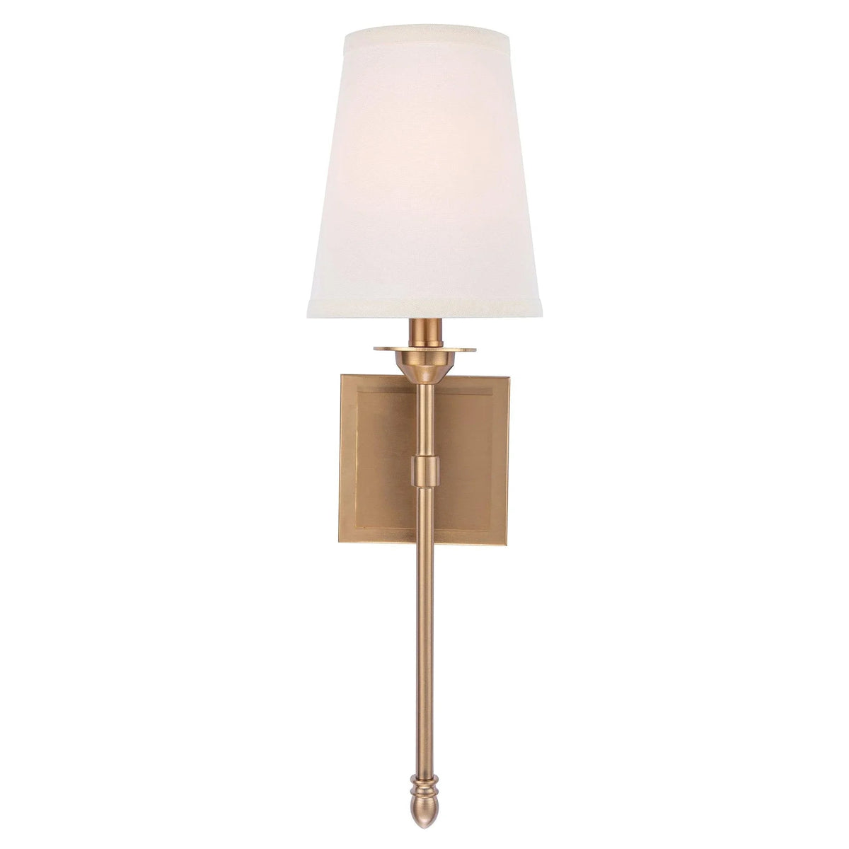 Golden 1-light wall sconce with white fabric drum shade and vertical metal bracket