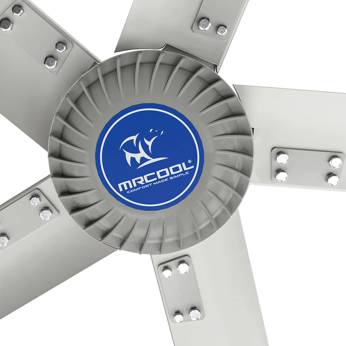 HVLS fan hub with blue MRCOOL logo and ribbed grille on gray blades