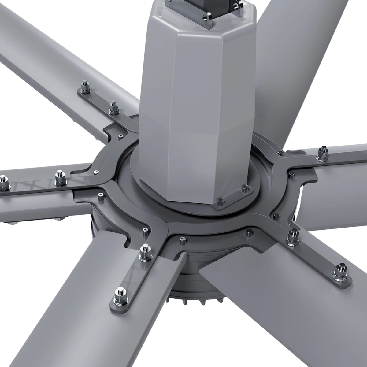 HVLS fan mounting bracket and gray blade arms around central hub