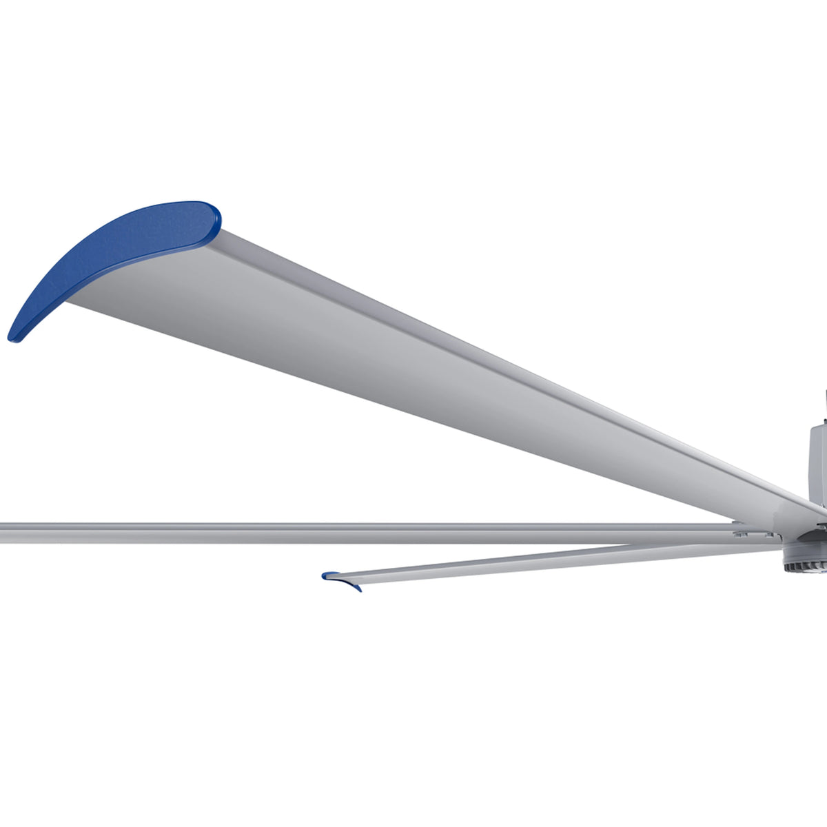 Industrial HVLS fan blade with blue tip and gray motor housing