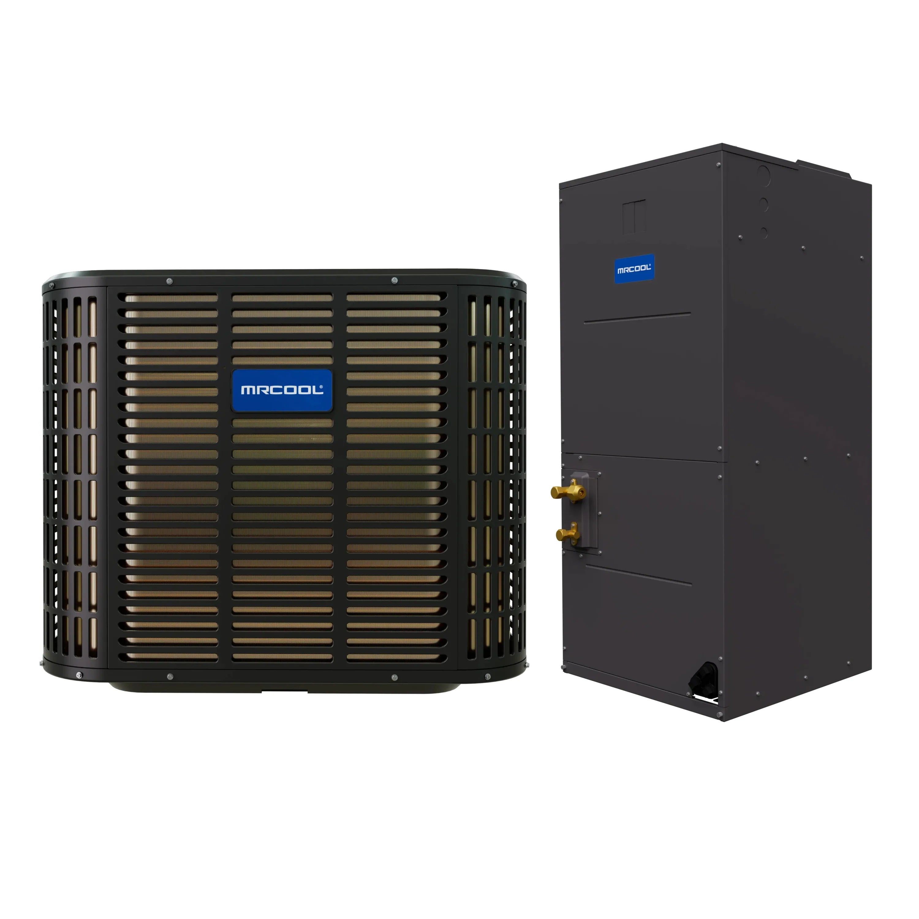 Outdoor condenser and multi-position air handler units together, MRCOOL branded