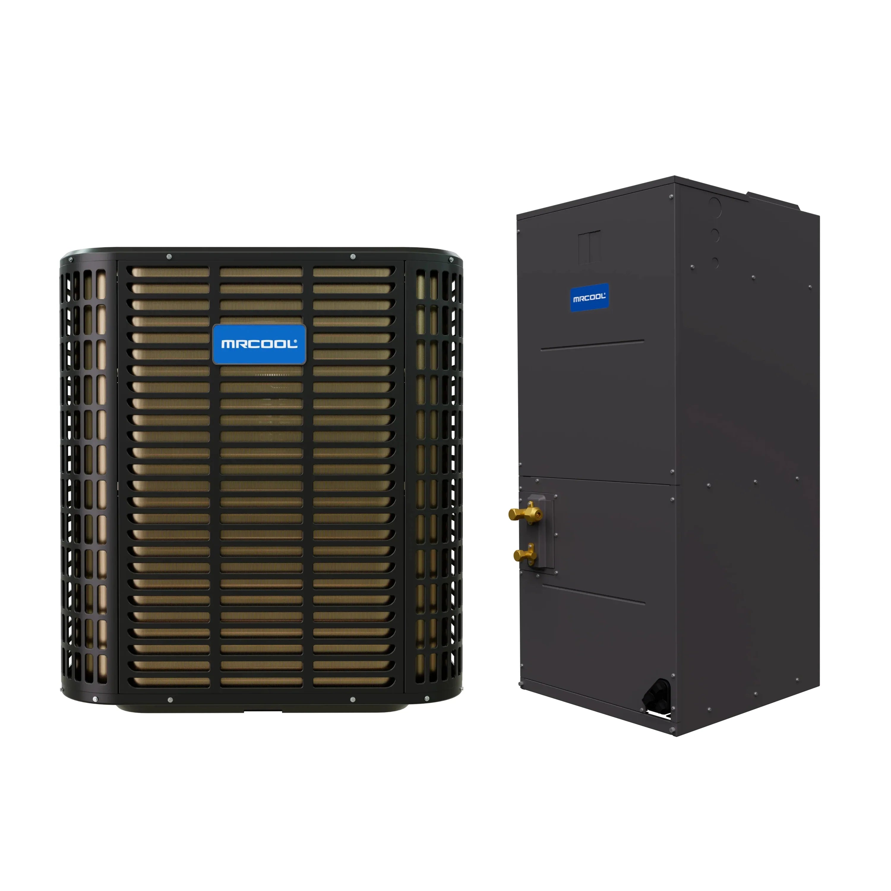 MRCOOL heat pump condenser and multi-position air handler, condenser grille and air handler cabinet