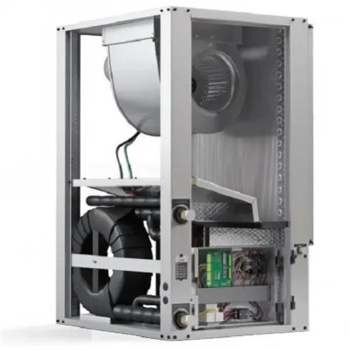 MRCOOL GeoCool indoor heat pump unit with side panel open, showing fan and refrigerant piping