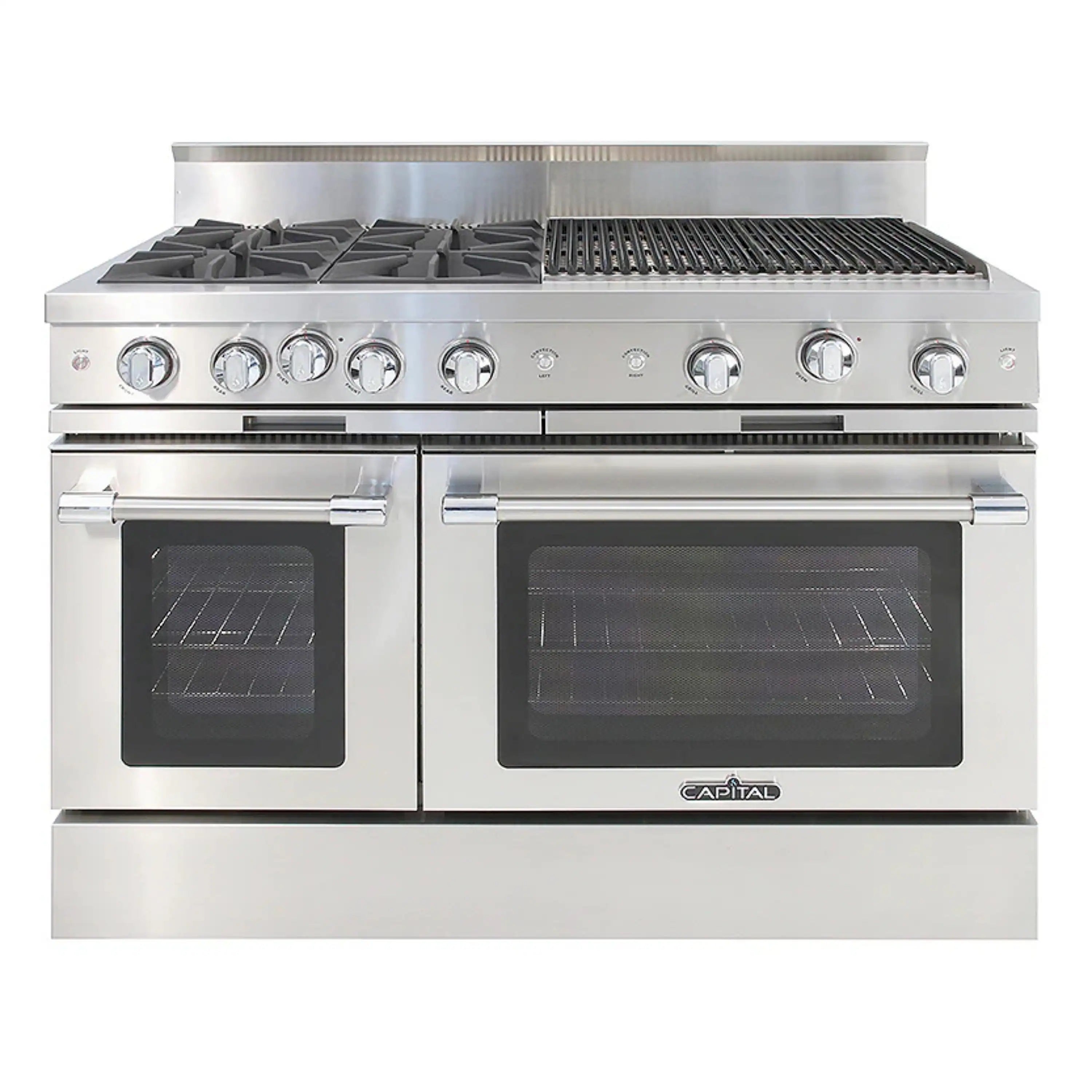 Stainless steel chef gas range with four burners, grill grates, and two oven doors