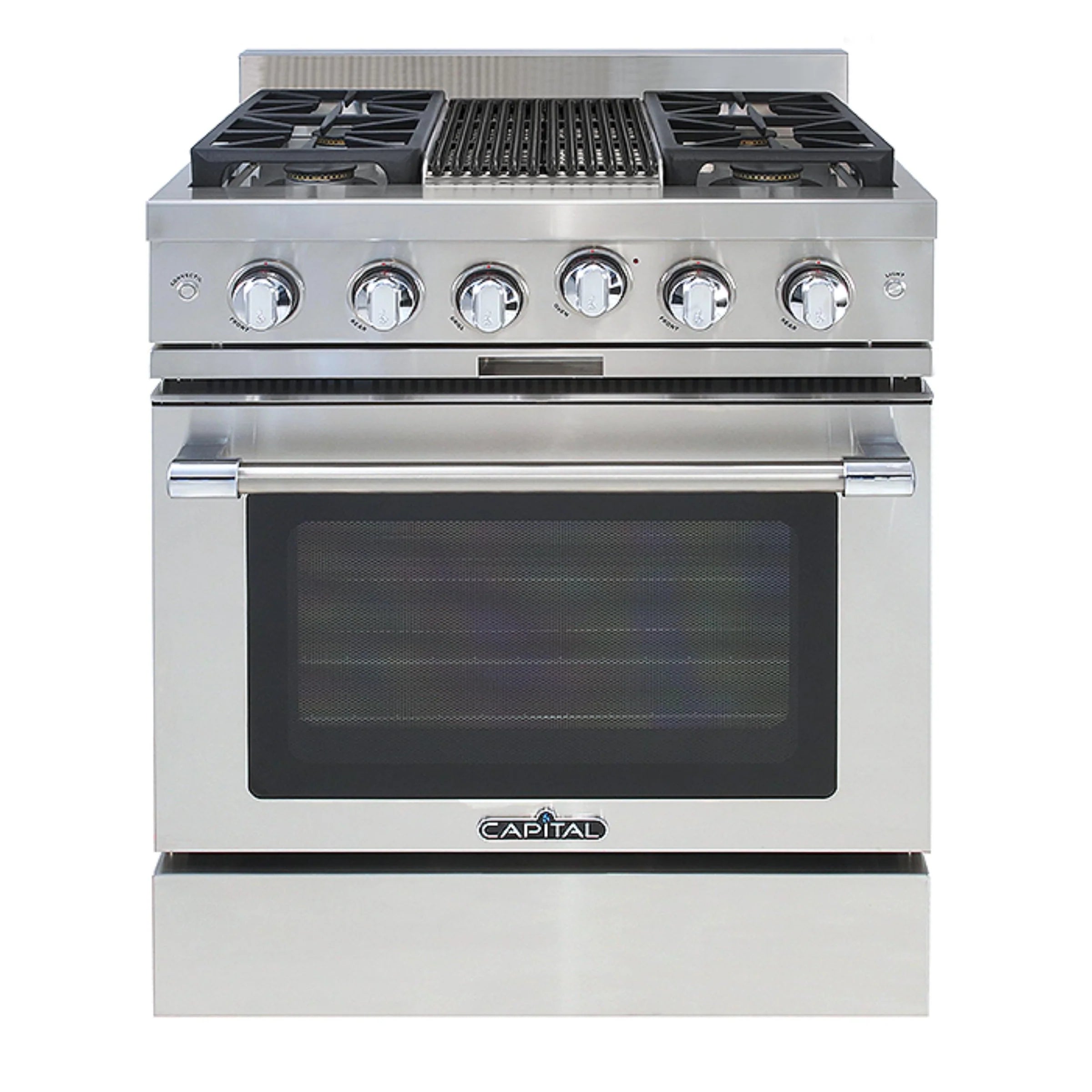 Stainless steel 30-inch gas chef range with four sealed burners and glass oven door