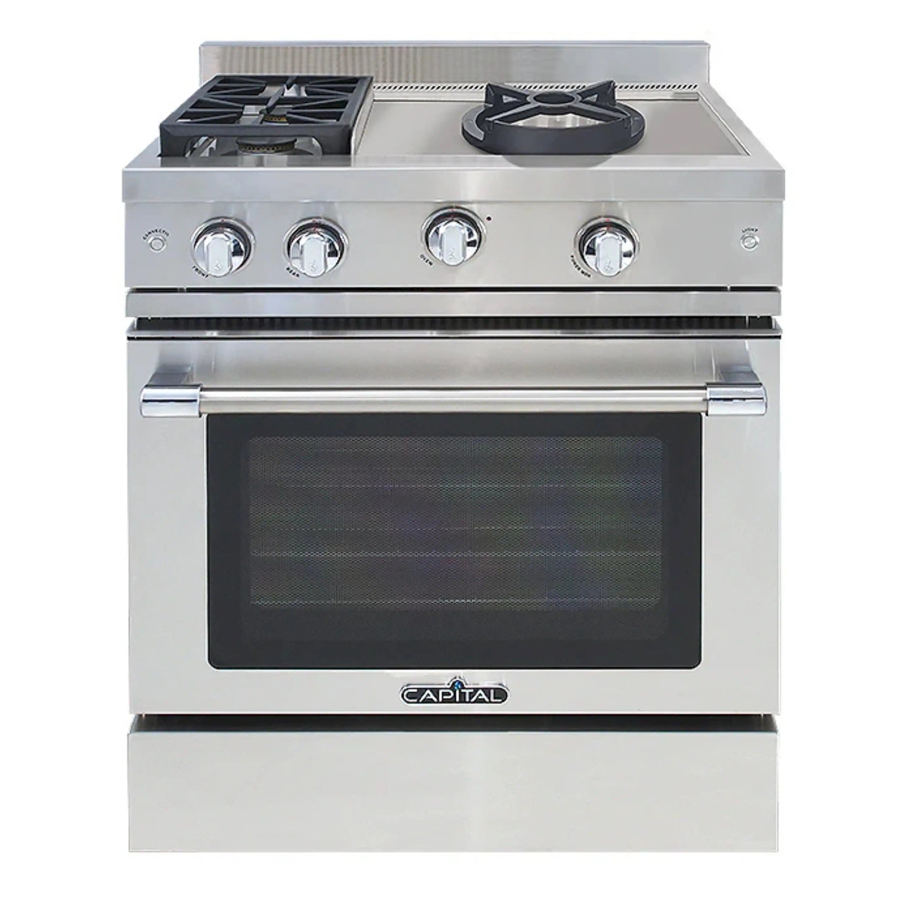 Stainless steel chef gas range with glass oven door and two sealed burners