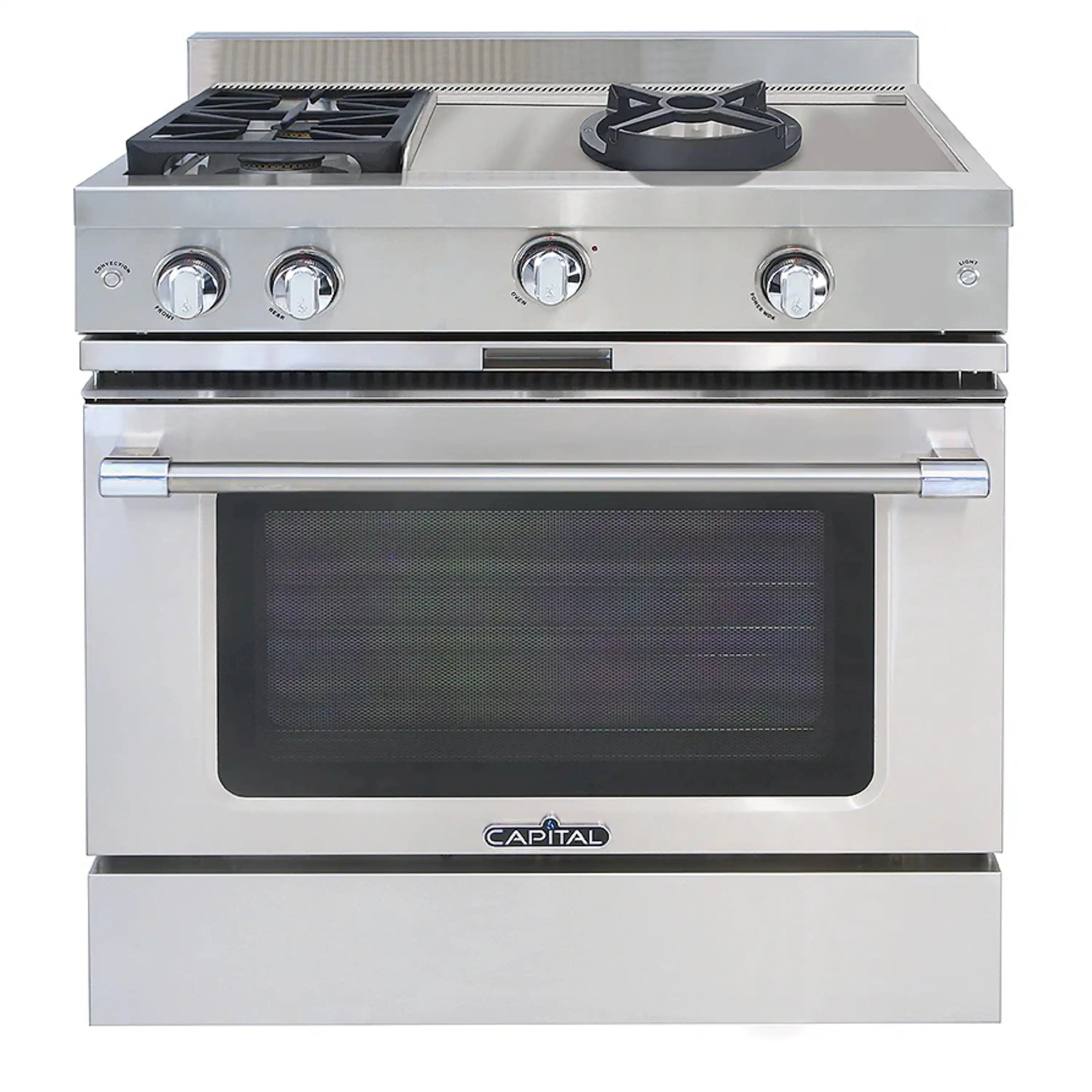 Stainless steel 36-inch chef gas range with two burners and oven window