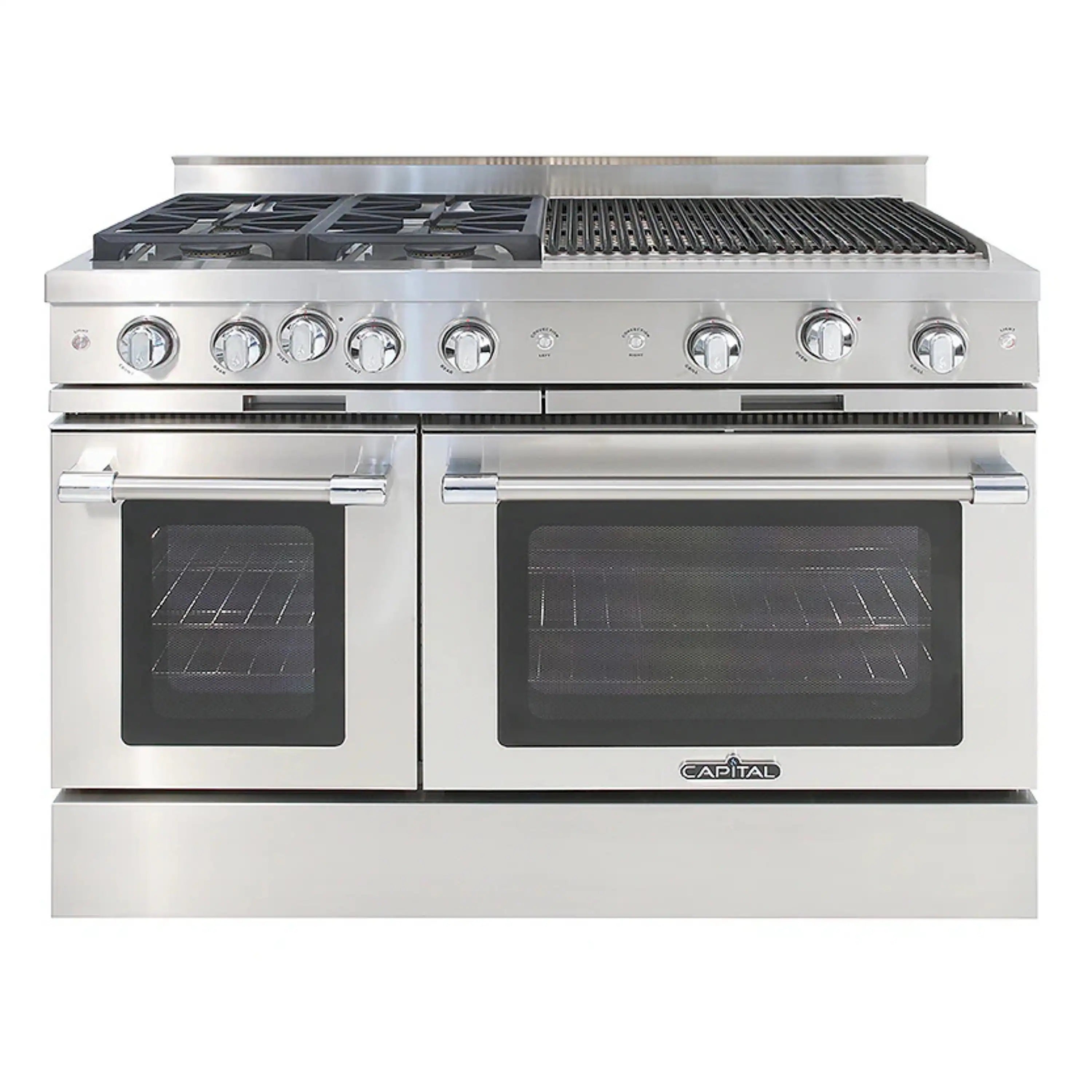 Stainless steel chef gas range with 4 sealed burners and right-side grill grates