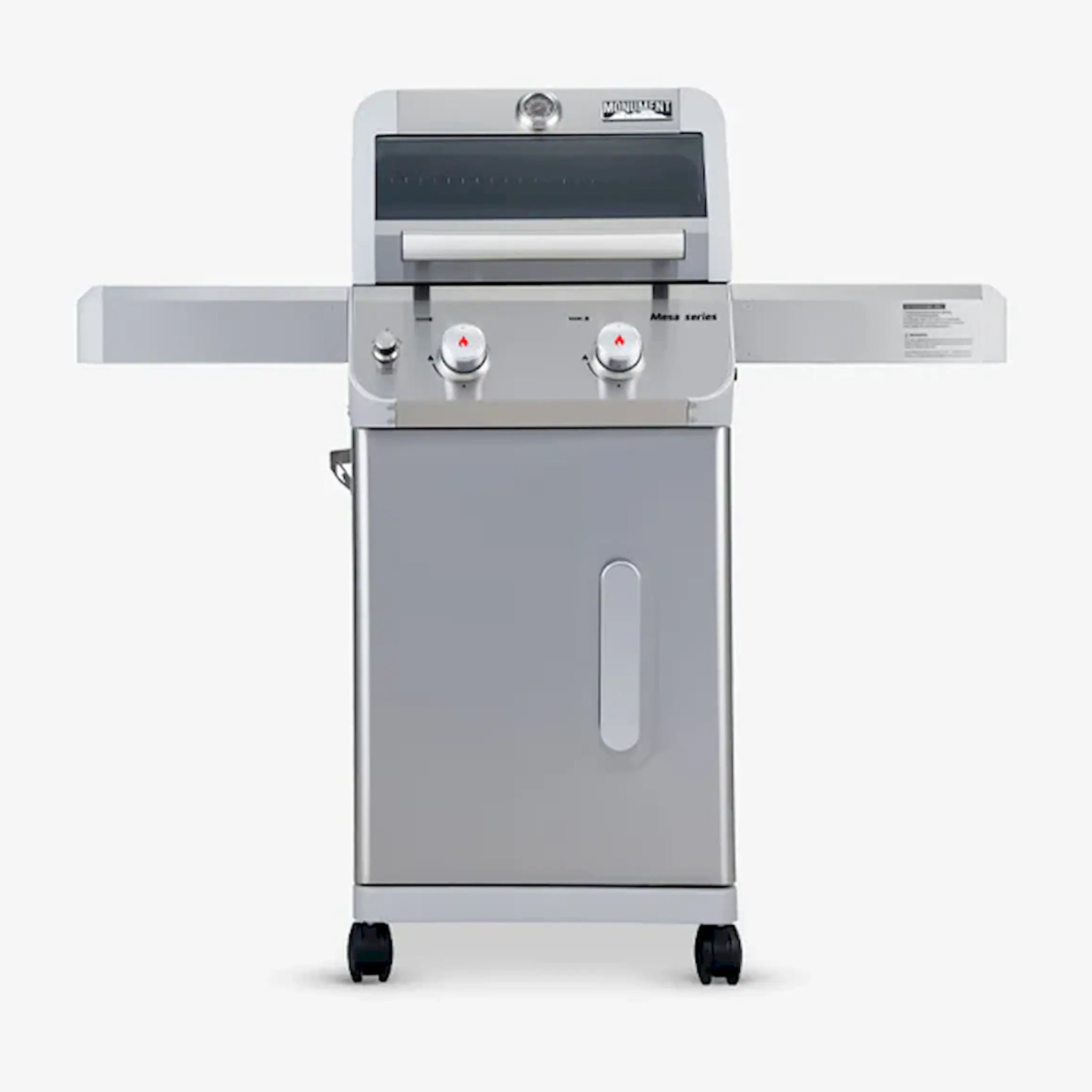 Front view of stainless propane grill with two knobs and door handle