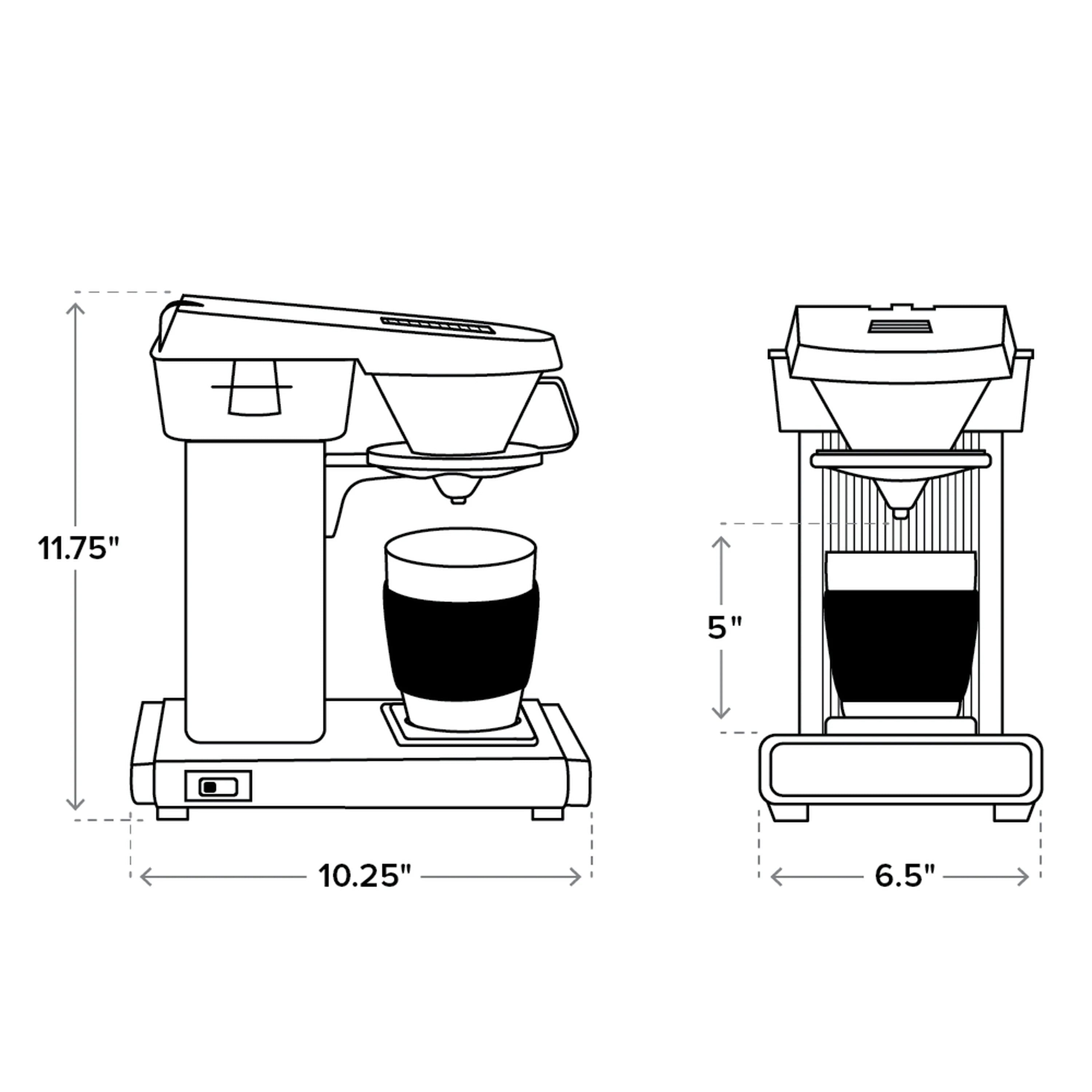 Moccamaster Cup-One coffee maker size diagram with 11.75 in height and 10.25 in width