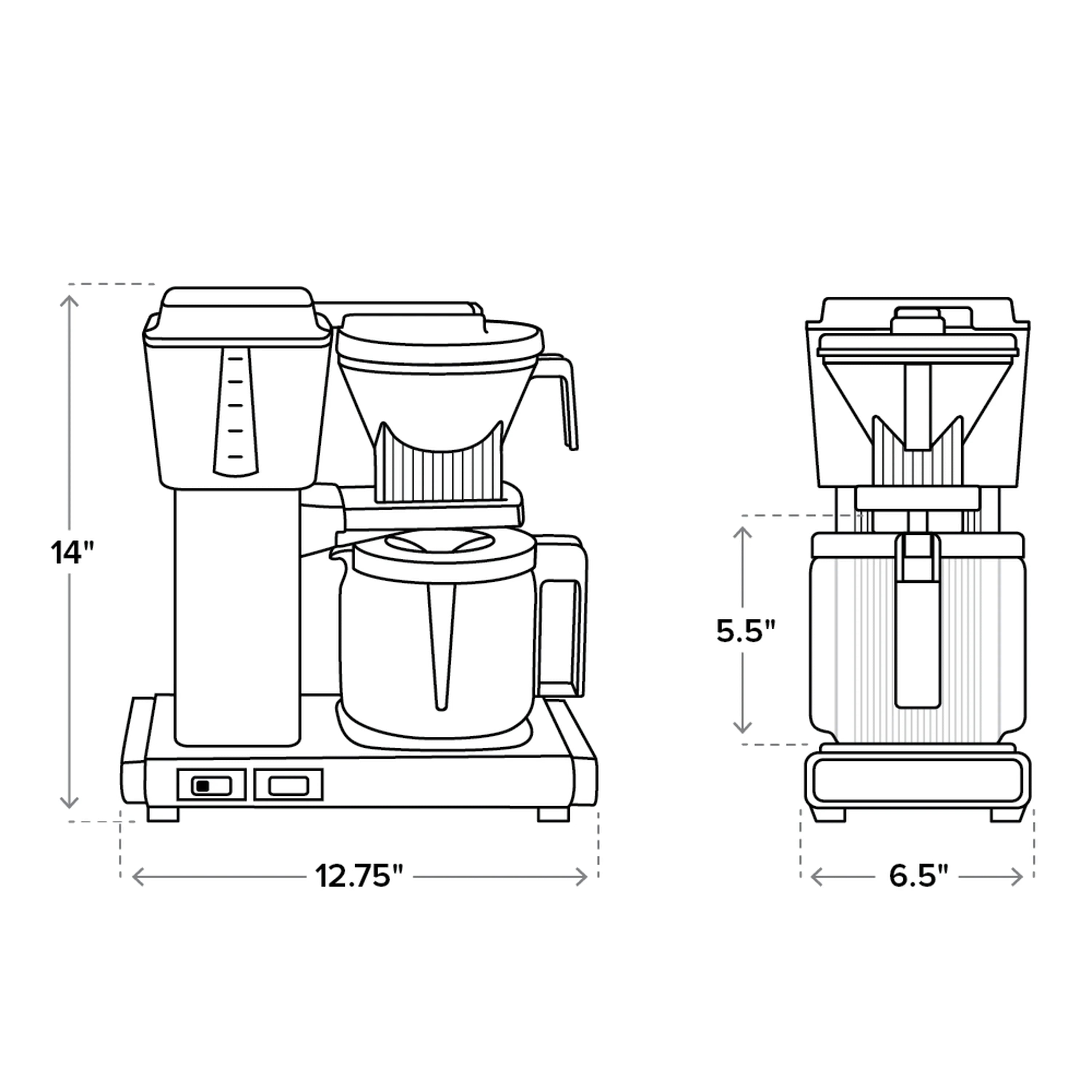 Drip coffee maker diagram with glass carafe showing height and width dimensions