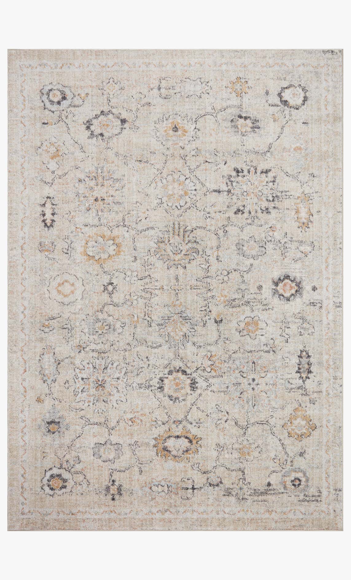Beige distressed area rug with repeating medallion motifs in gray and muted orange