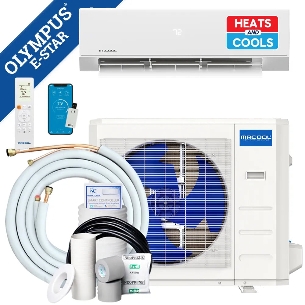 Mini split heat pump system bundle with indoor unit, outdoor condenser, remote, and line set