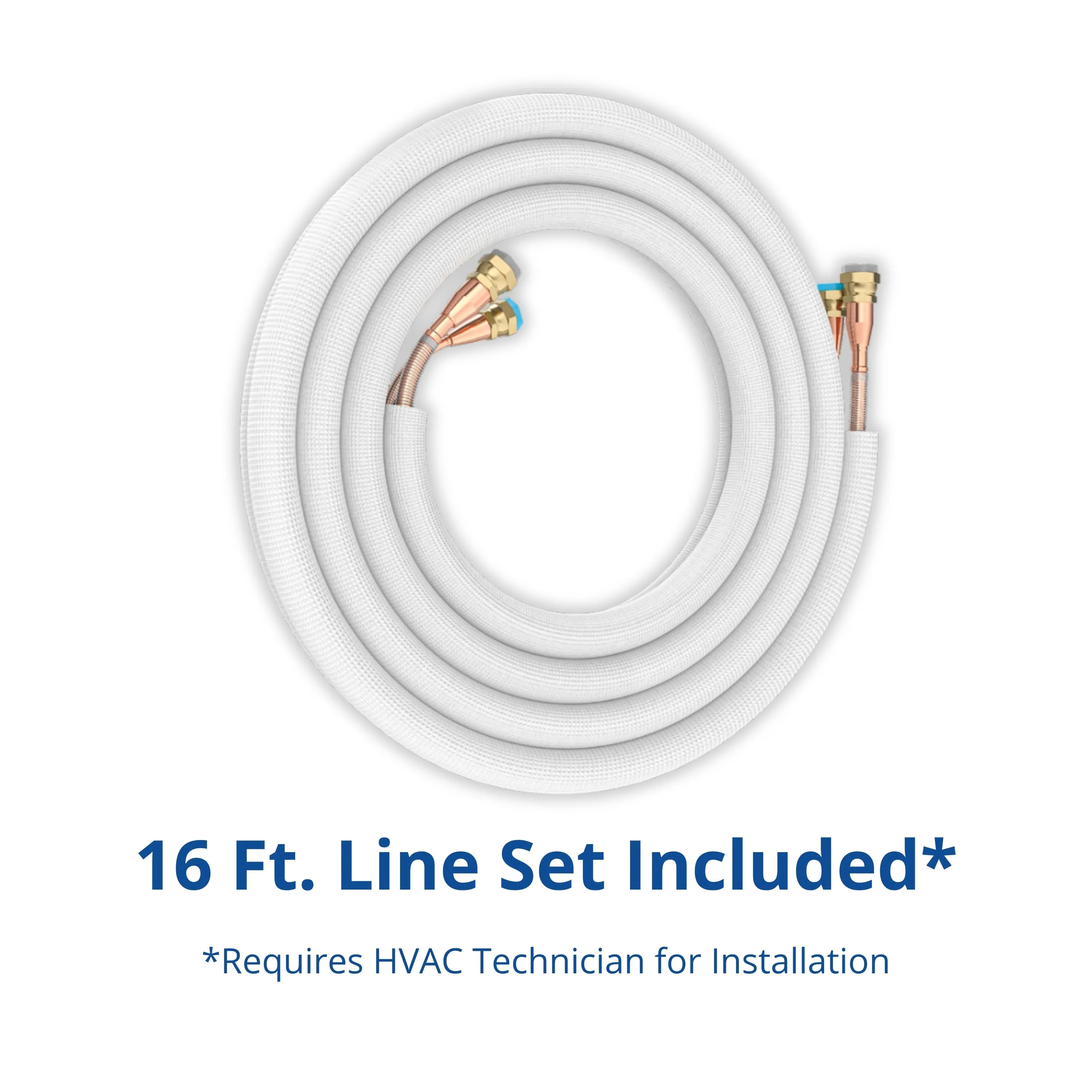 Coiled refrigerant line set with brass fittings and white insulated tubing