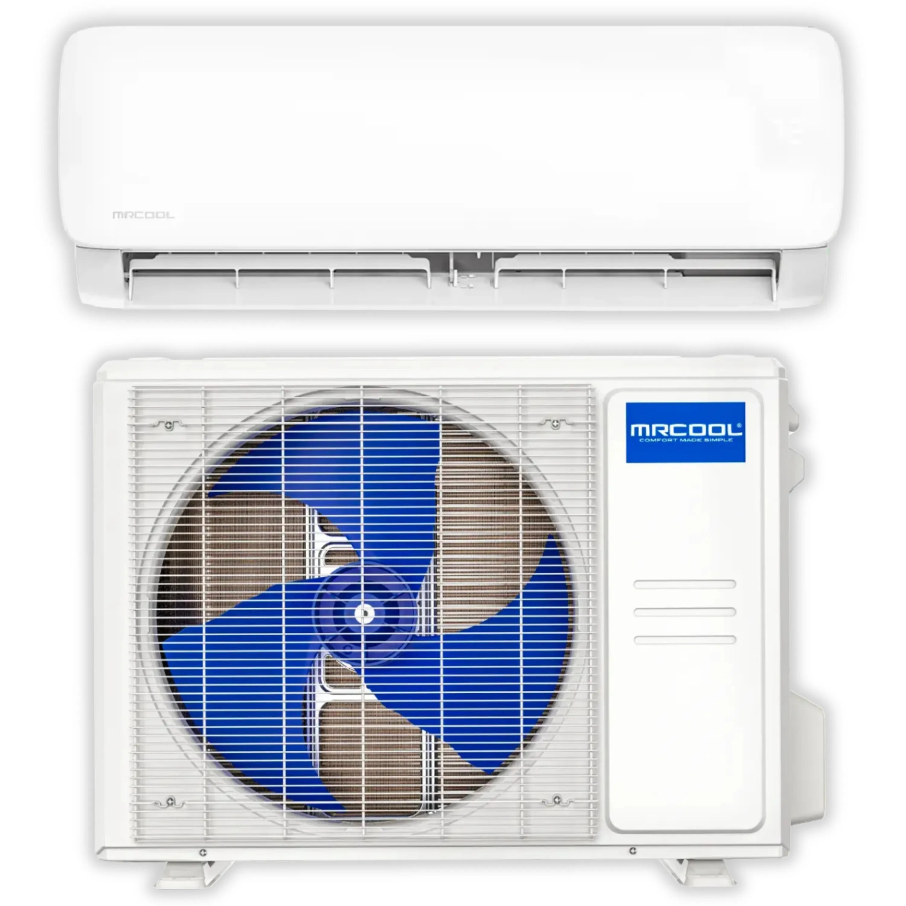 White mini split indoor and outdoor units shown with front grille open