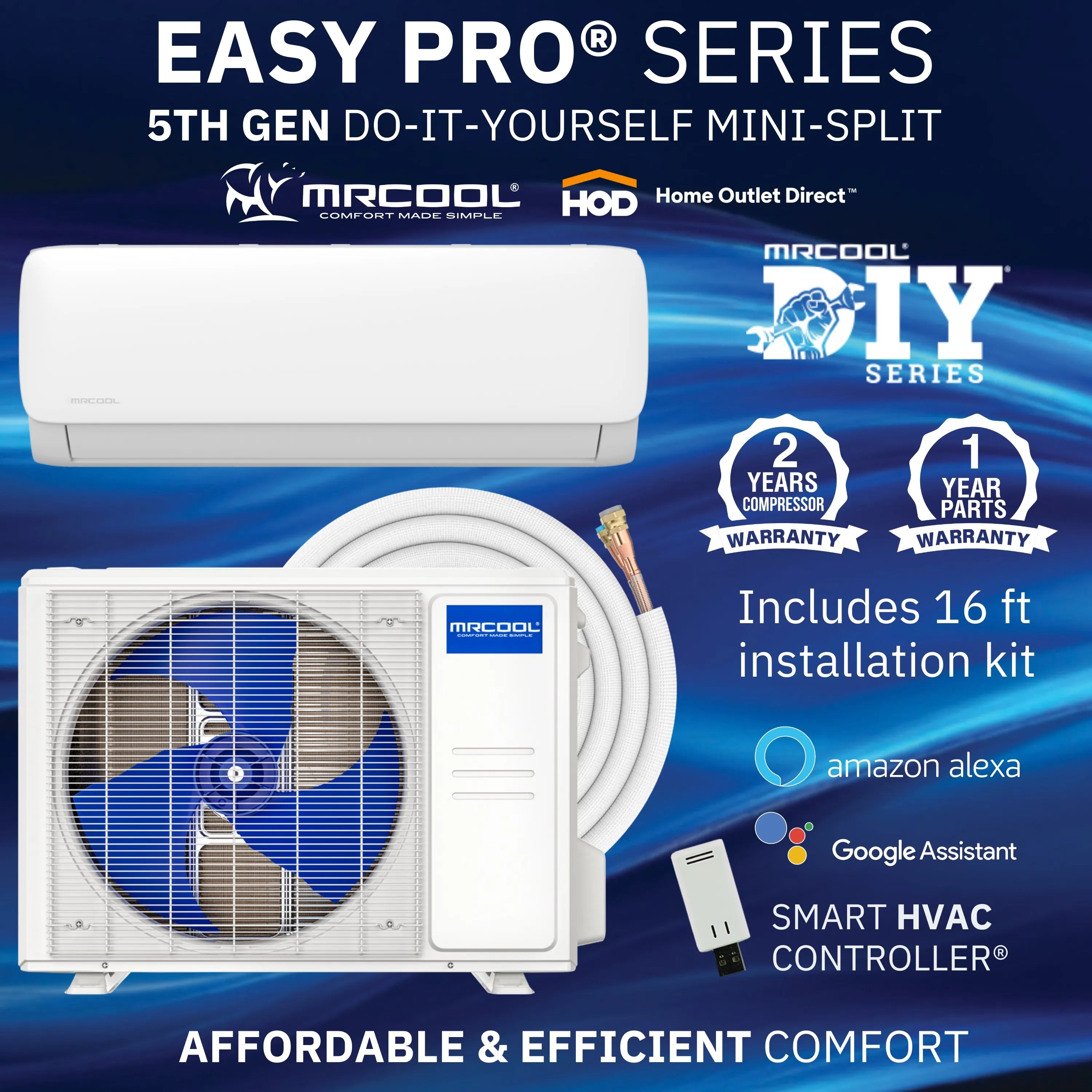 White mini split complete system with indoor unit, outdoor unit, and 16 ft line set