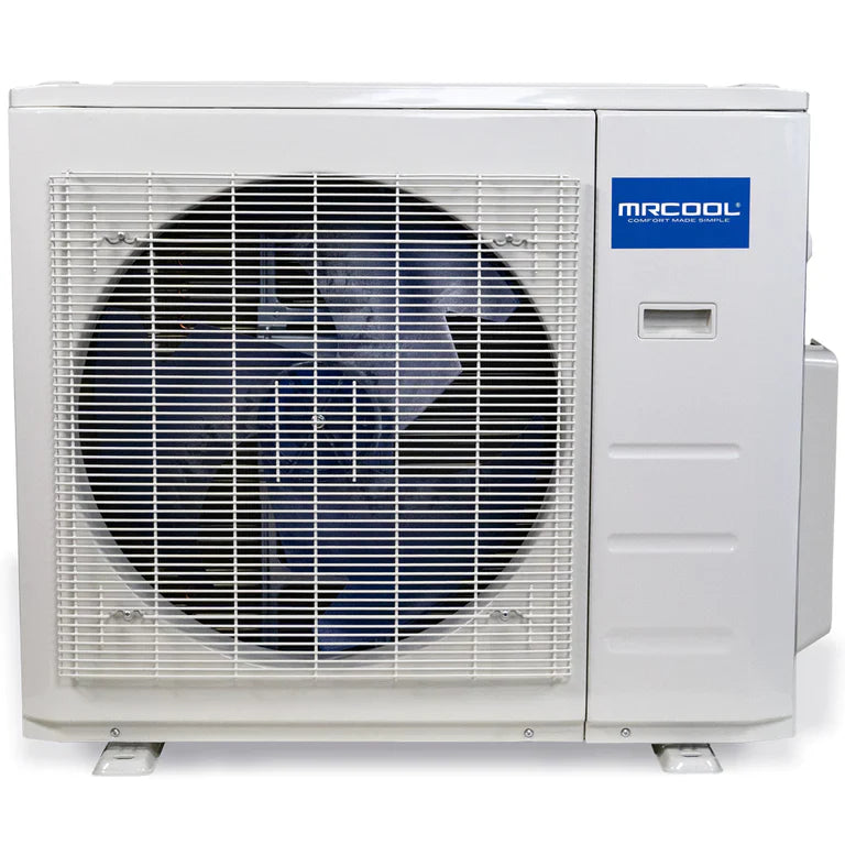 White outdoor mini split condenser with close-up fan grille and control label