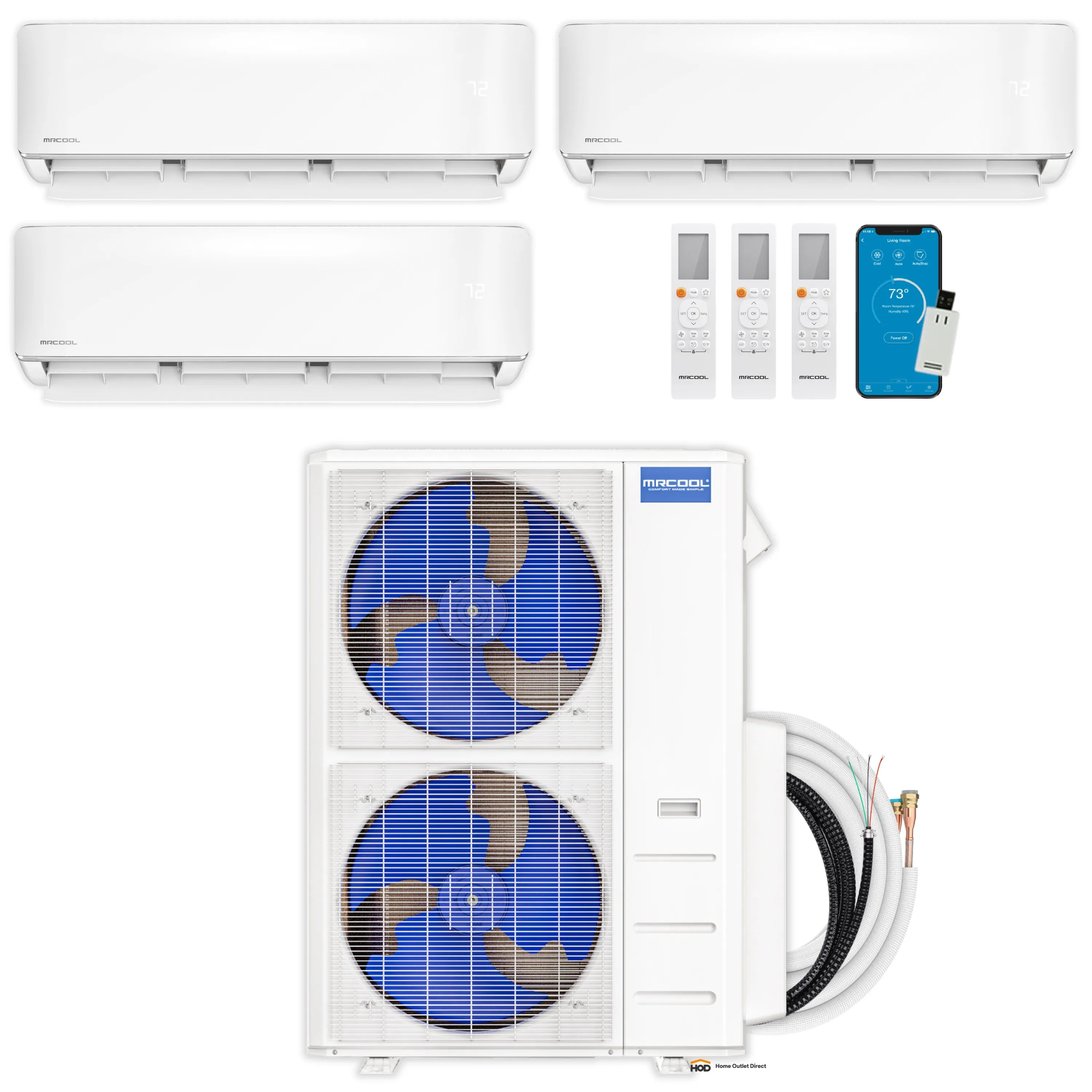MRCOOL multi-zone ductless mini split system: indoor air handlers, outdoor condenser, line set