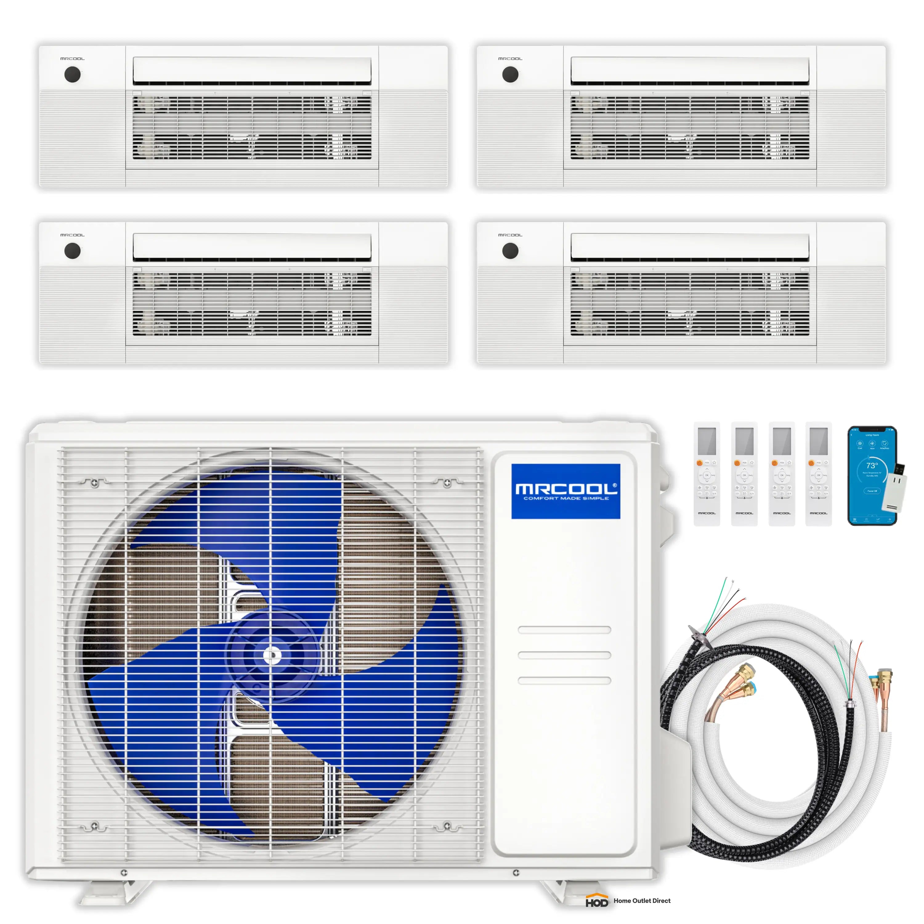 MRCOOL ductless system kit with outdoor unit, ceiling cassette, and line set
